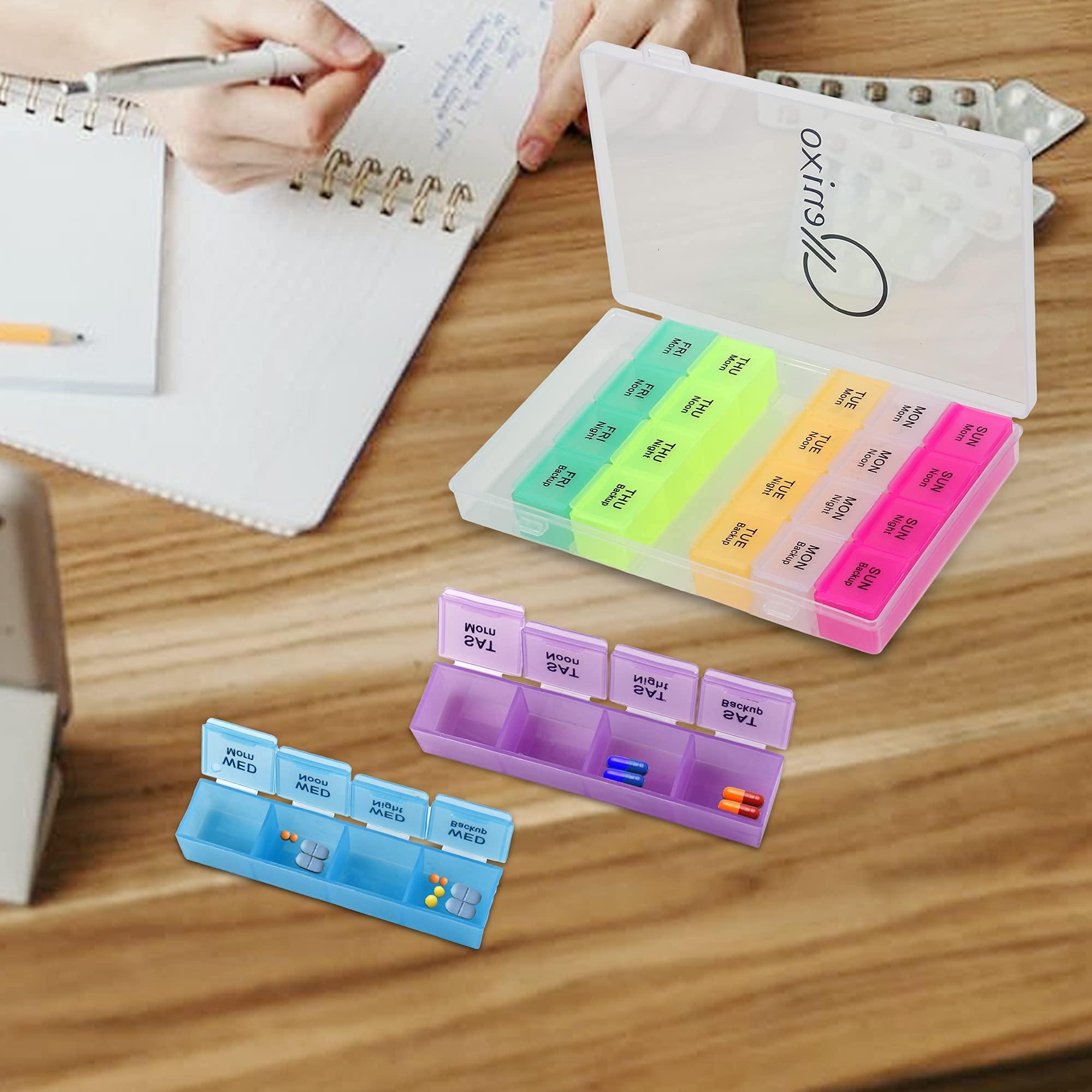 QENIXO Qenixo Weekly Pill Organizer 4 Times A Day, 7-Day, Monthly Medication Organizer 28 Days Dispenser Pill Boxes Large Compartments Moisture-Proof Case Medication Reminder Portable Travel Compartments,Travel Kits,Dust-Proof Box (Multicolor, 4 times) (Whi