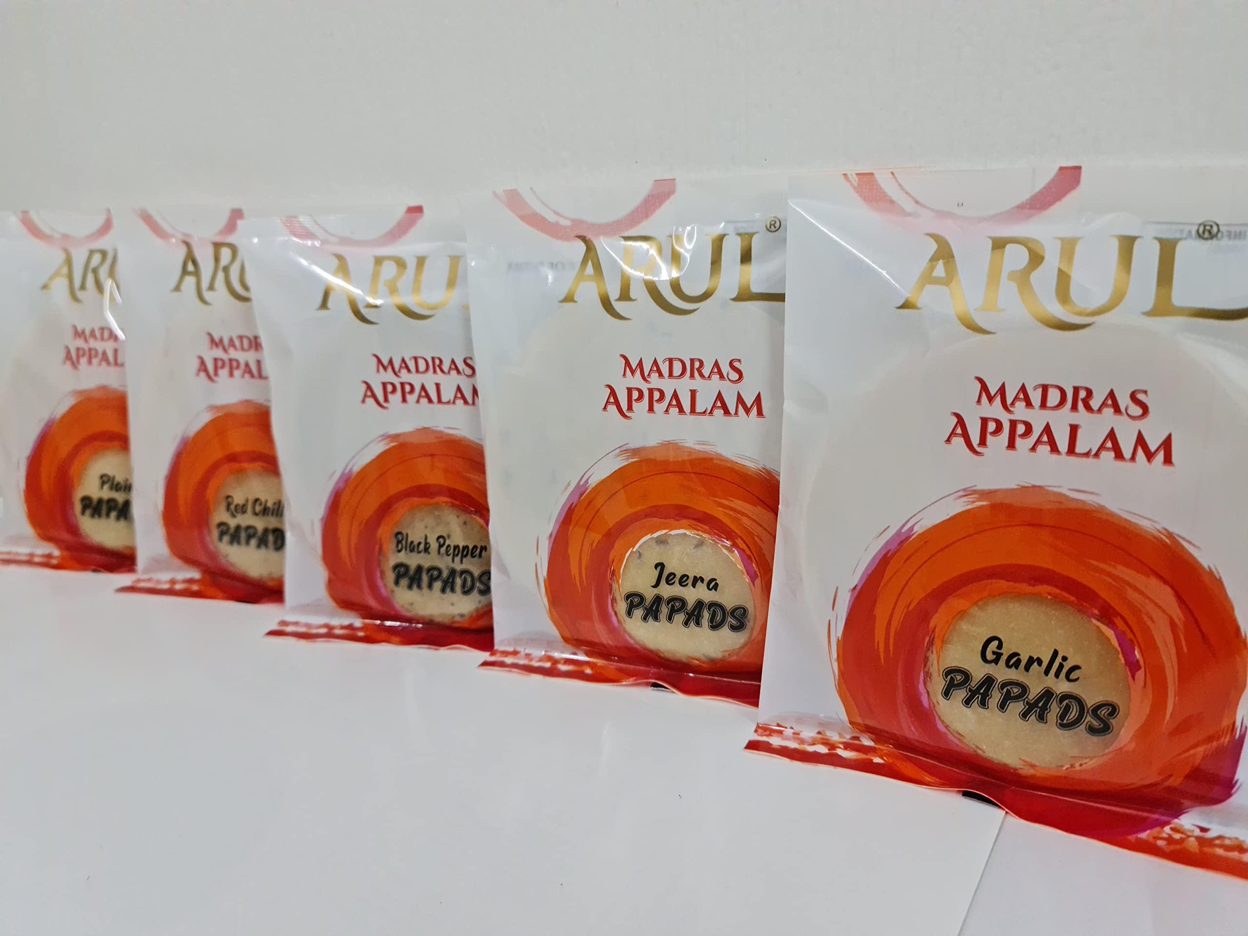 ARUL Arul Appalam Mixed Masala Combo Pack of Each 200gms(Plain papad, Black Pepper Papad,Garlic papad,Cumin Papad,Chilli Papad)