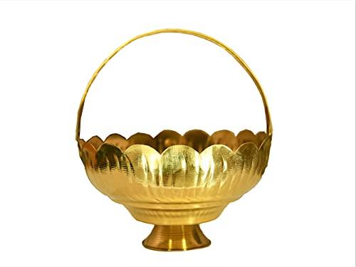 Shrinika Shrinika Traditional Brass Flower Basket | Pooja Basket | Brass Hanging Flower Basket | Brass Pookoodai | Pital Fuler Saji | Dalia Made of Brass Material with Handle - 8 inch for Pooja - Home Decor.