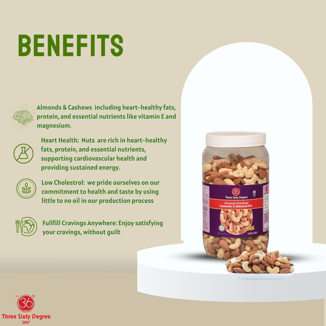 360 Three Sixty Degree 360 Roasted Whole Unsalted Cashew Almond Mix | Jumbo Jar 950 Grams | Crunchy Badam, Crunchy Kaju | High Protein, Nutritious, Super Tasty Snack