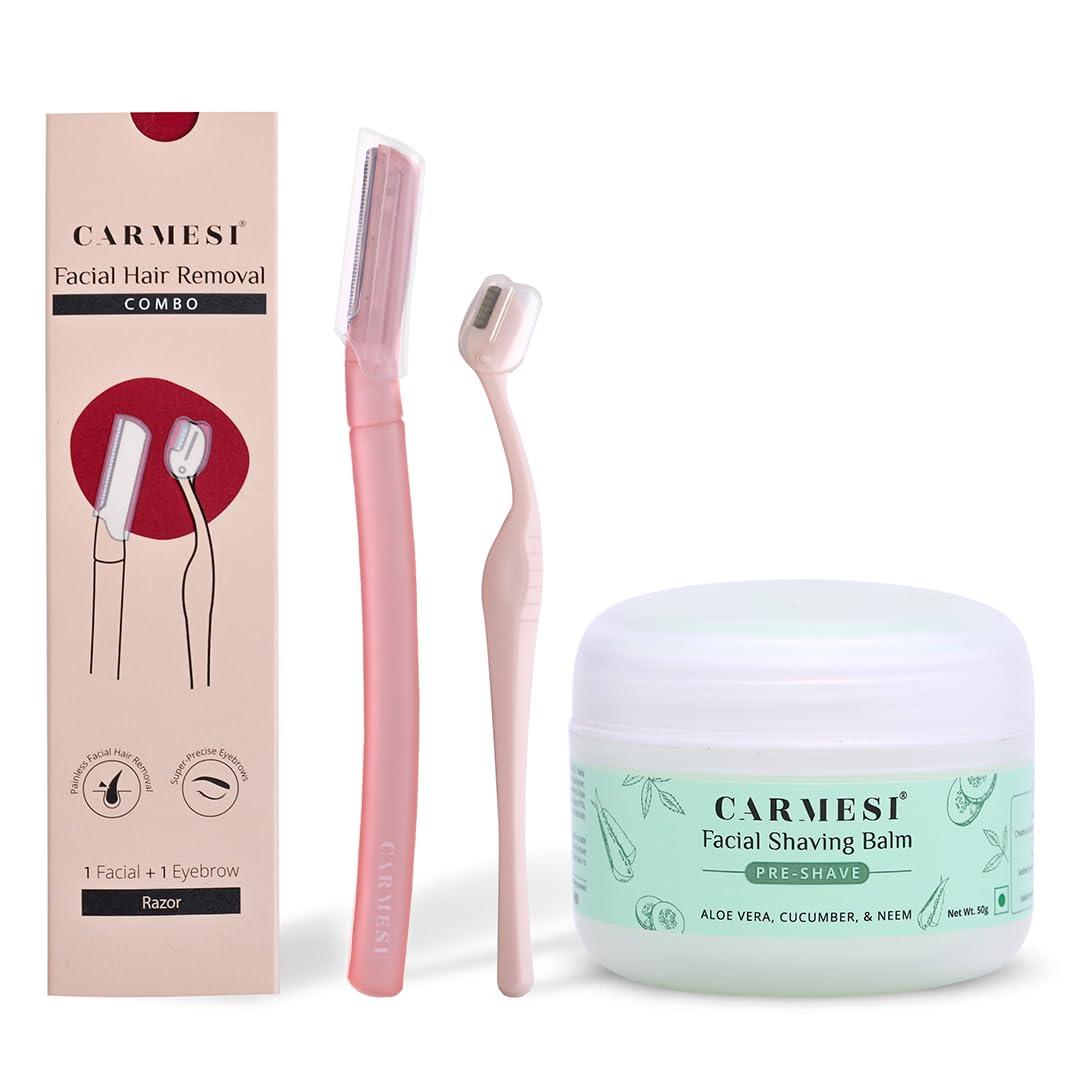 Carmesi Carmesi Women\'s Face Hair Removal Combo | 1 Face Razor, 1 Eyebrow Razor, 1 Facial Shaving Balm | Instant & Painless Hair Removal | For Eyebrows, Upper Lip, Forehead, Peach Fuzz, Chin and Sideburns