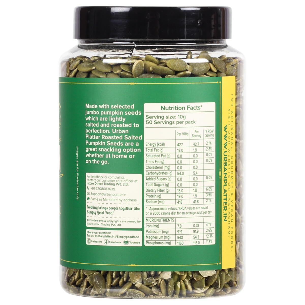 urban platter Urban Platter Roasted & Salted Pumpkin Seeds, 1Kg [Pack of 2 - 500g] (Use in Salads, Trail Mixes, Baked Goods, Granola Bars, Desserts | Source of Protein & Fibre | Keto Diet Friendly | Immunity Booster | Pepitas Seed | Healthy Superfood Snack)