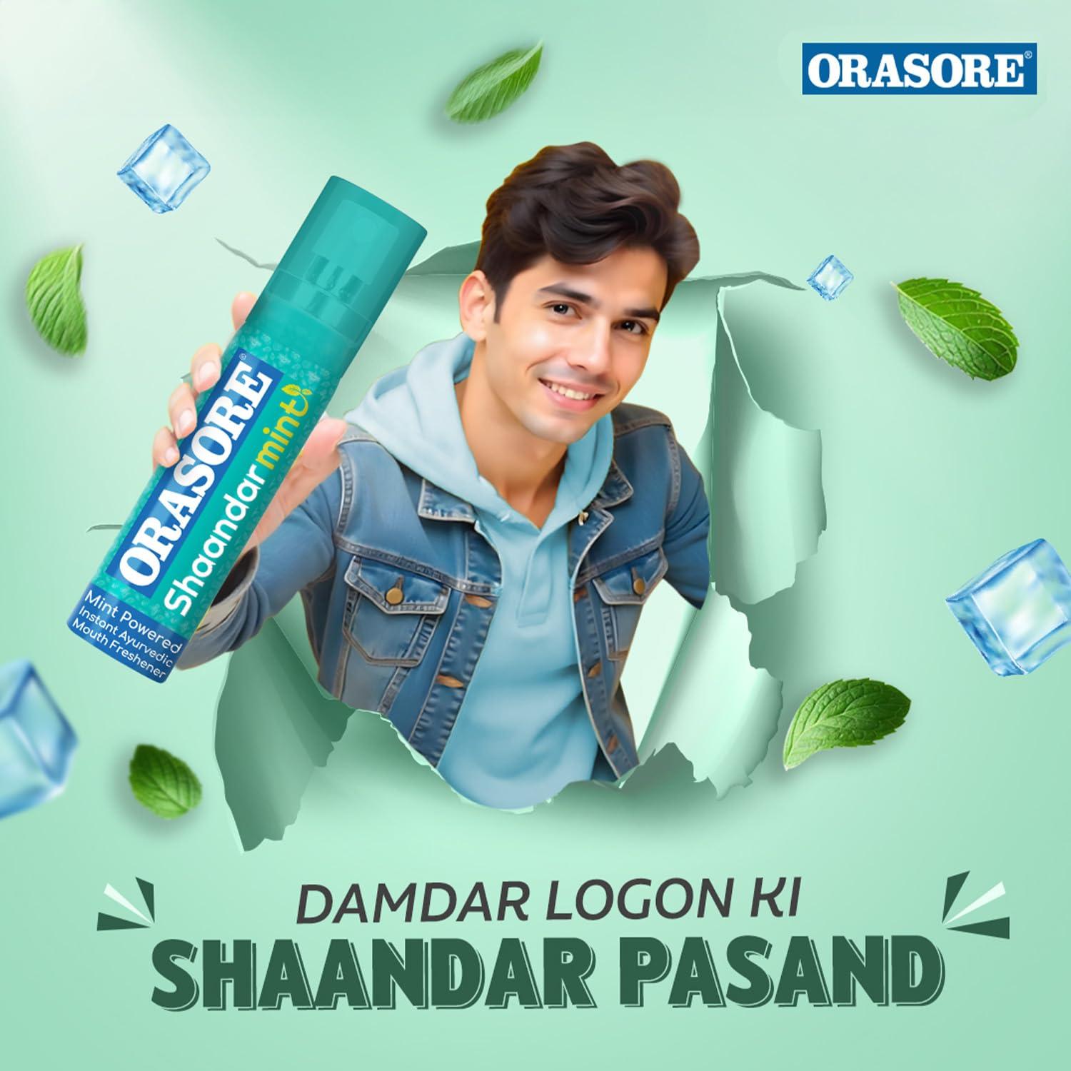 ORASORE Shaandar Mint Instant Mouth Freshener Spray by Orasore | Pudina, Aloe Vera, Peppermint, Cinnamon, Clove & Elaichi | Amazing Cool Breath Freshening with Zero Calories & Anti Bacterial Protection | 15g Pack