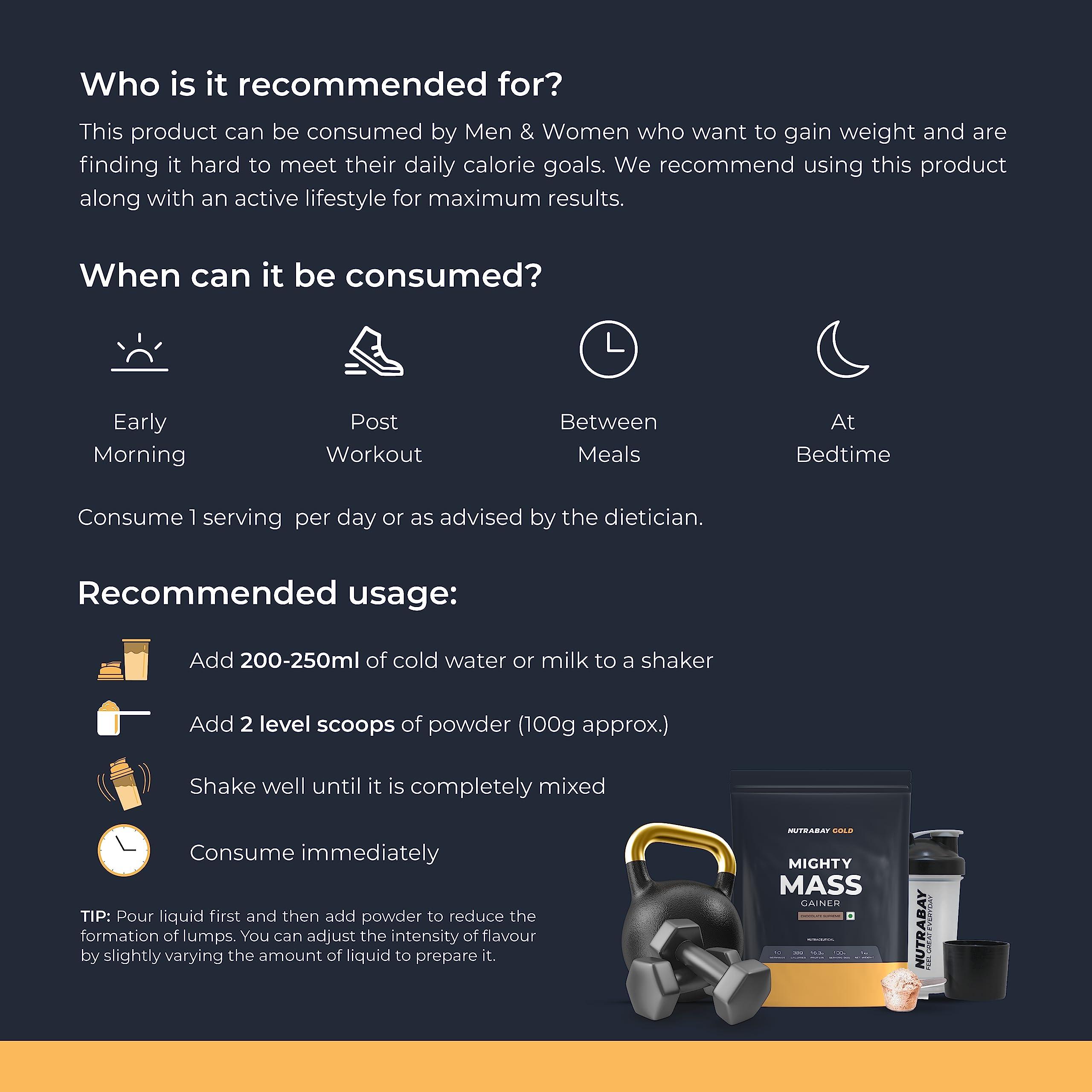 Nutrabay Nutrabay Gold Mighty Mass Gainer Powder - 1kg, Chocolate Supreme | 16.3g Protein, 78g Carbs, 389 Calories | 100% Veg | Vitamins & Minerals Rich Muscle Building Supplement for Men & Women