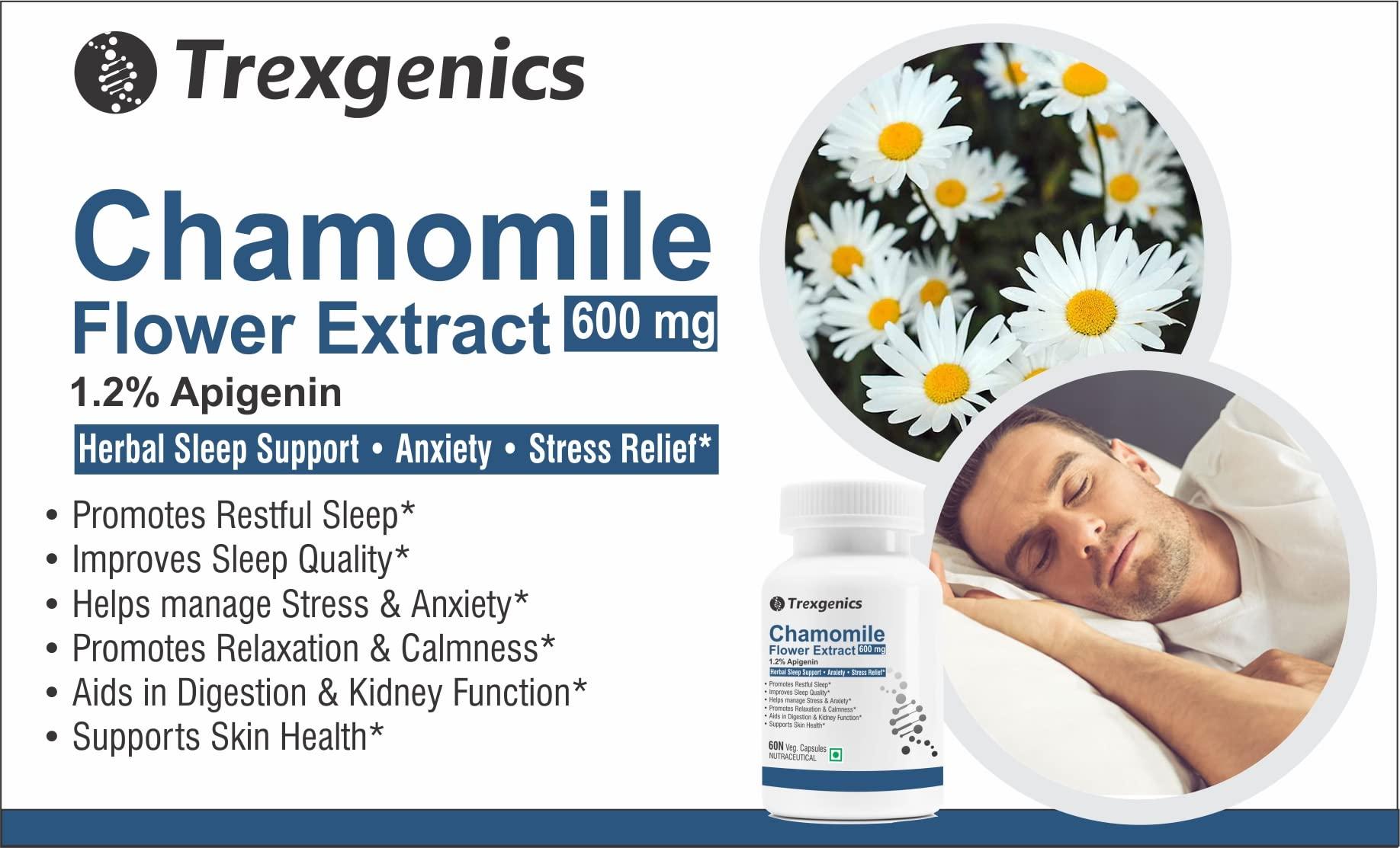 Trexgenics Trexgenics CHAMOMILE 1.2% Apigenin 600 mg Sleep, Relexation, Kidney & Urinary tract support VEGAN & NON-GMO (60 Veg. Capsules) (Pack of 2)