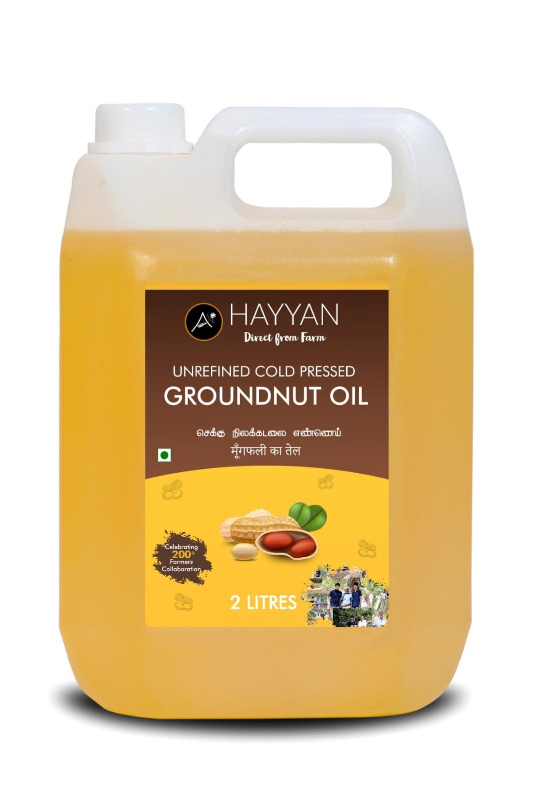 HAYYAN HAYYAN 100% Pure Unrefined Cold/Wood Pressed Virgin Groundnut Peanut Oil 2 Liter - for Cooking (Chekku/Kacchi Ghani)