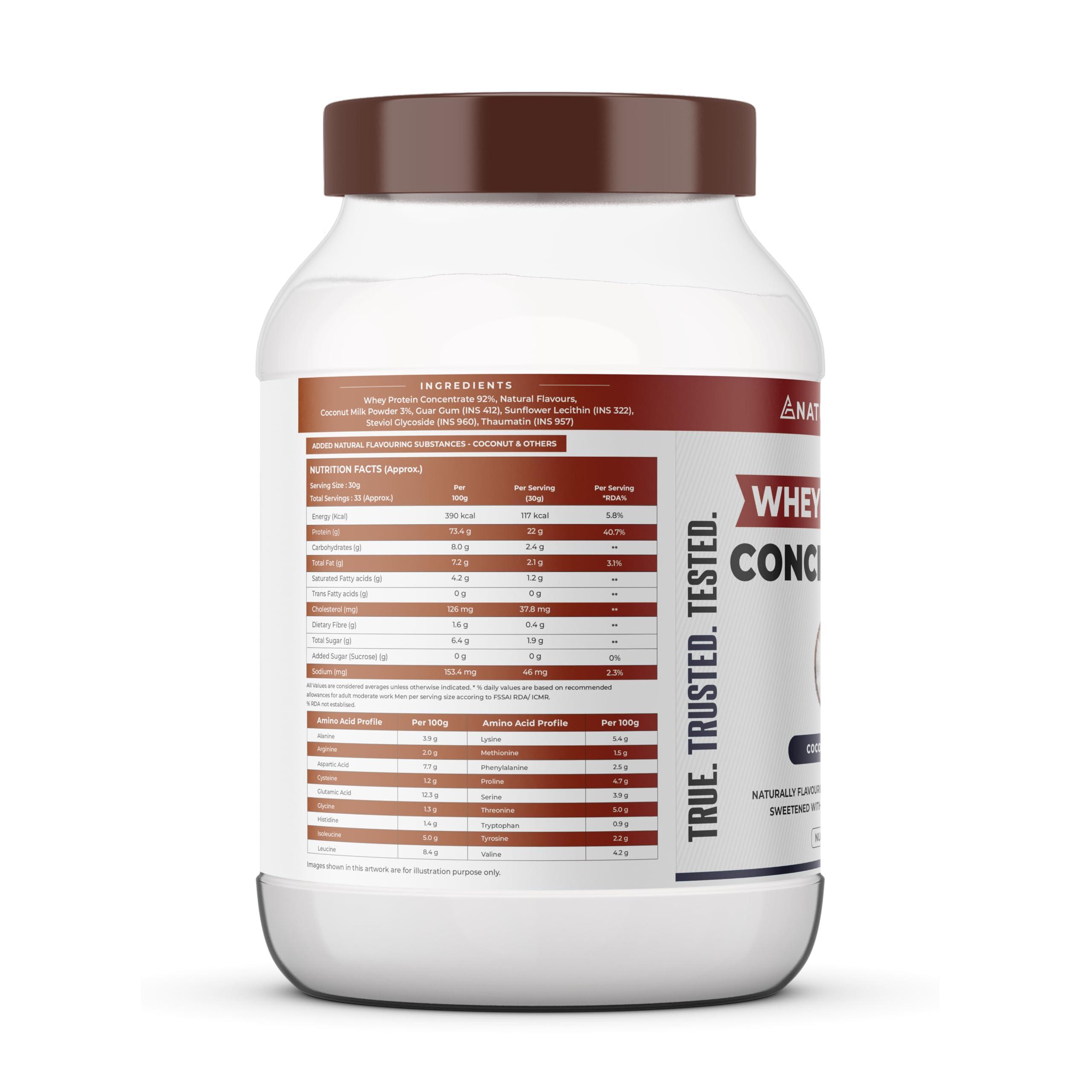 NATURALTEIN NATURALTEIN Natural Whey Protein Concentrate Coconut - 1 kg (Naturally flavored, Non GMO, No Artificial Sweeteners)