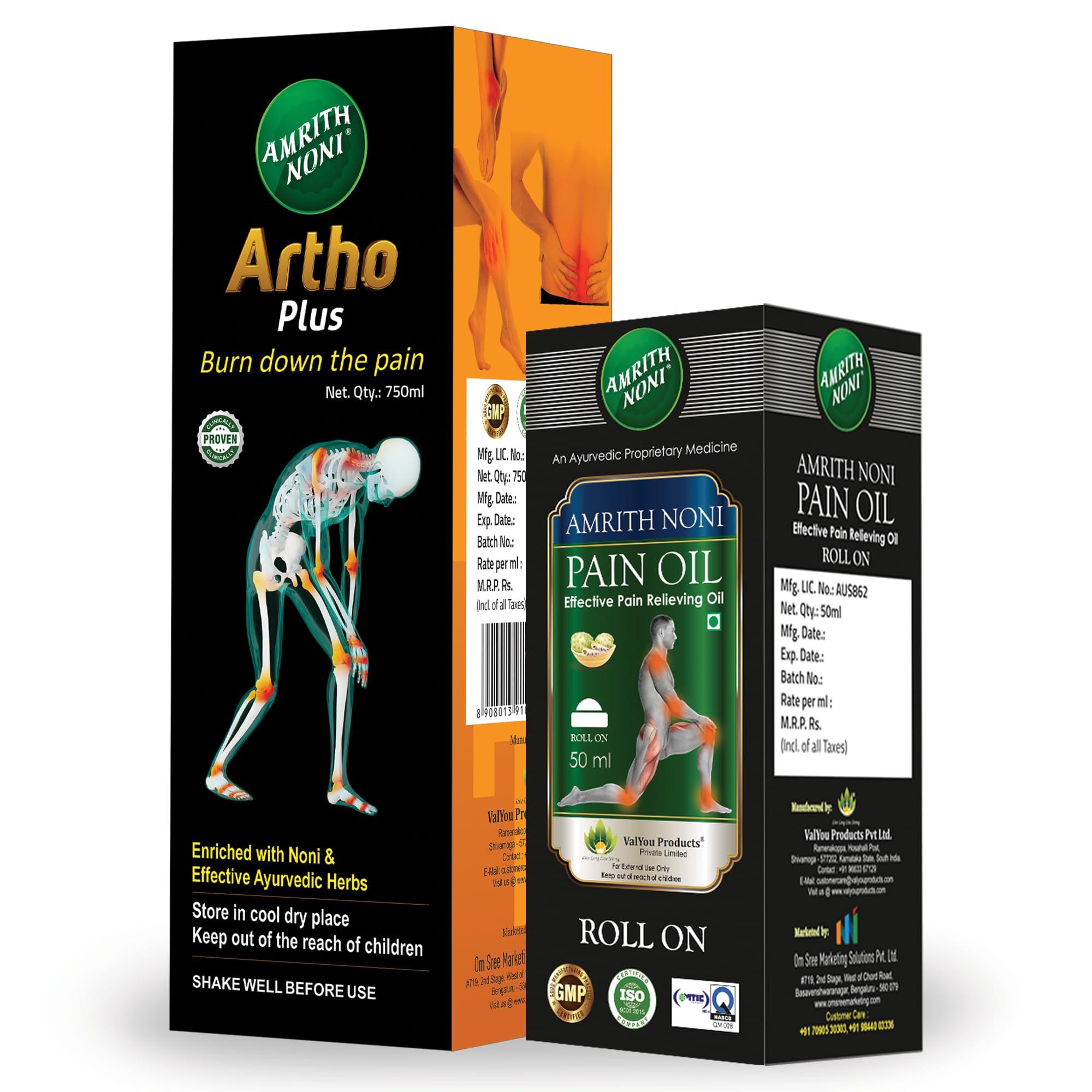 Amrith Noni Amrith Noni Artho Plus 750Ml + Pain Roll-On 50Ml - Effective Combo For Joint Health & Quick Relief From Aches And Pains, Liquid