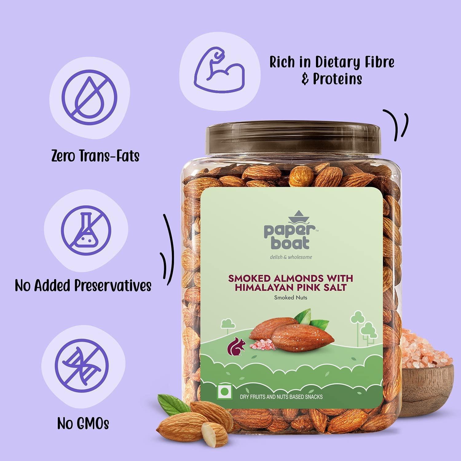 Paper Boat Paper Boat Protein Crunch, Premium Dry Fruit Mix, Healthy Trail Mix with Dry Fruits (1Kg) & Paper Boat Premium Smoked and Roasted Almonds Himalayan Pink Salt,Salted Badam, Reusable Jar 1Kg