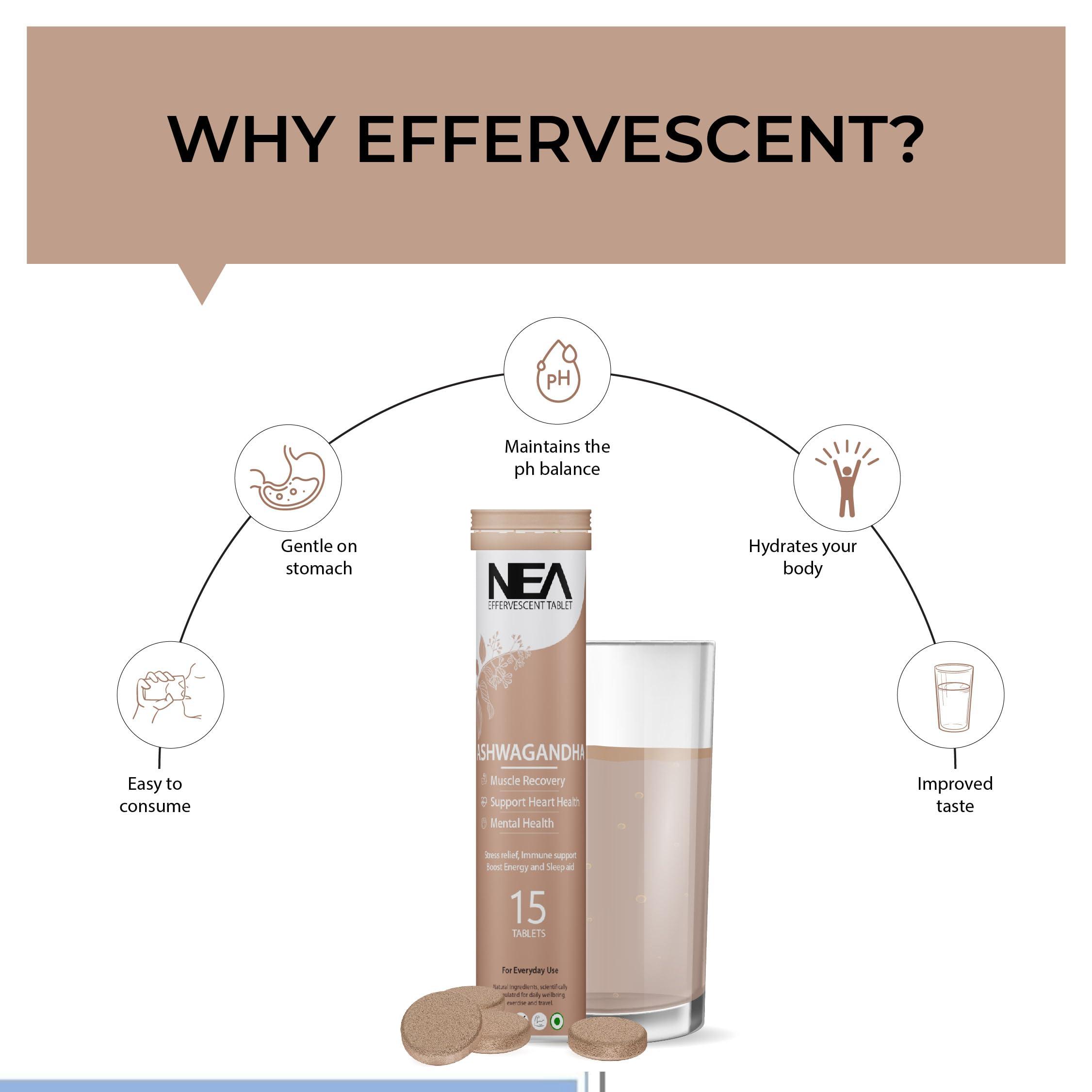 NEA Nea Ayurvedic Ashwagandha Effervescent Tablets | Stress Relief (45 Days Pack) | 3 Bottles of 15 Tablets Each