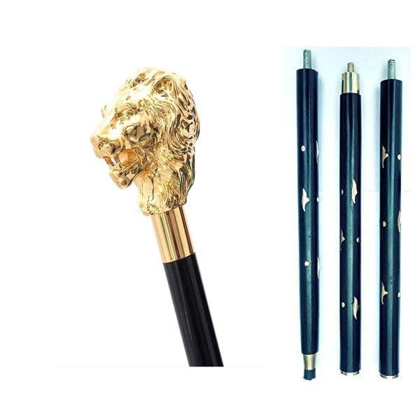 NavaFresh Basics Indian Gift SHOPE Nautical Walking Stick Brass Lion Face Handle Wooden Walking Stick Cane 3 Fold Walking Stick Cane for Men and Women Gift.,