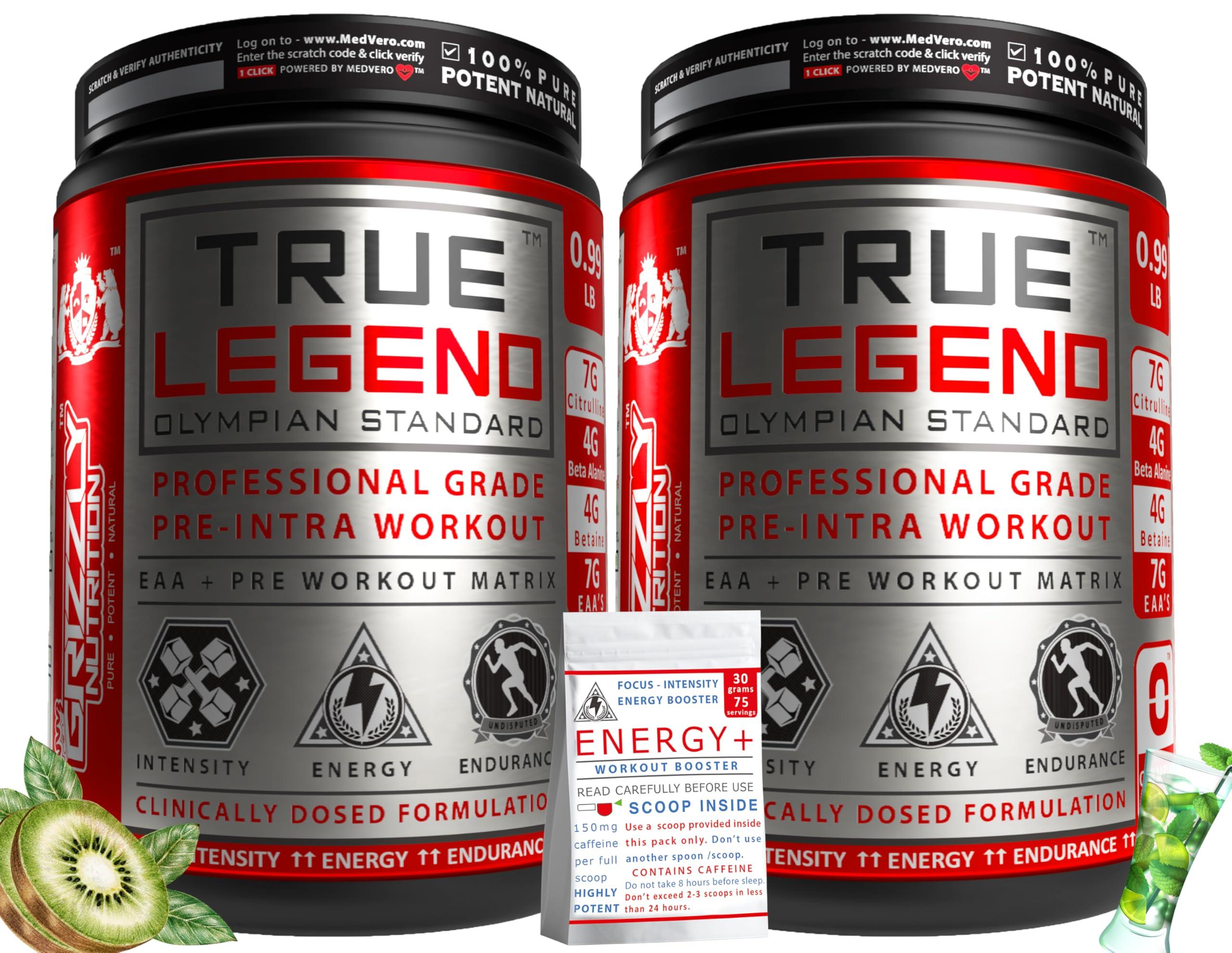 Grizzly Nutrition Grizzly Nutrition ,True Legend-Olympian Standard,Dualstage Pre Workout +Eaa Intra Workout-V2 Genesis 900Gram,32+ Performance Boosters (Lime+Kiwi-Dual Pack),Energy+ Prebooster 75 Serv,Powder