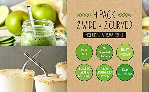 Greens Steel Stainless Steel Straw Set - Reusable Pack of 2 Curved & 2 Wider/ Straight Straws - For Smoothies, Coffee & Drinks - Cleaning Brush Included - Eco-Friendly Solution by Greens Steel (4, Medium)