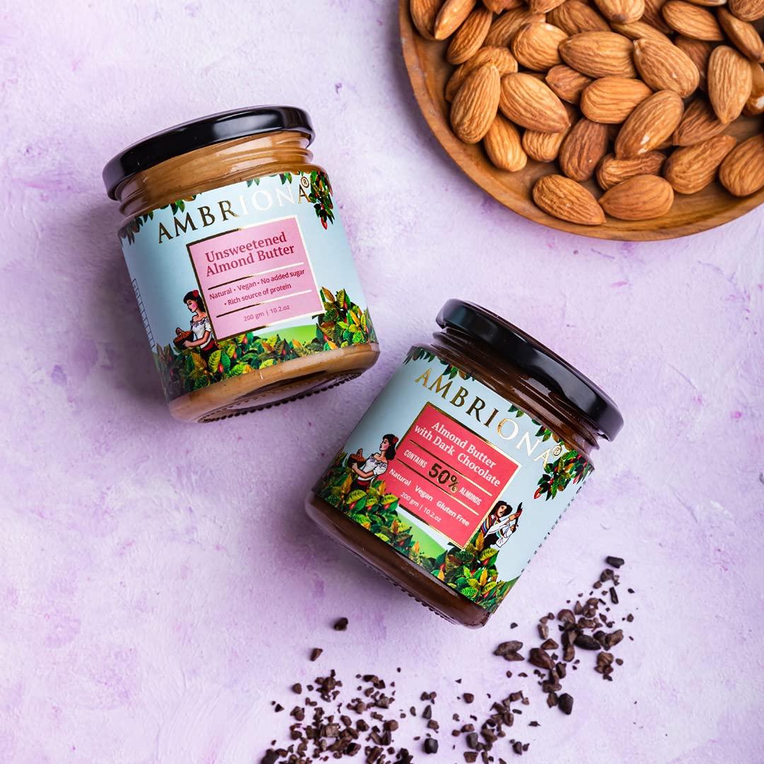 AMBRIONA Ambriona Vegan Almond Butter with Dark Chocolate | Gluten Free | Keto Friendly | 100% Natural | No Palm Oil | Healthy Chocolate Spread | 50% Almond Content | 200gm