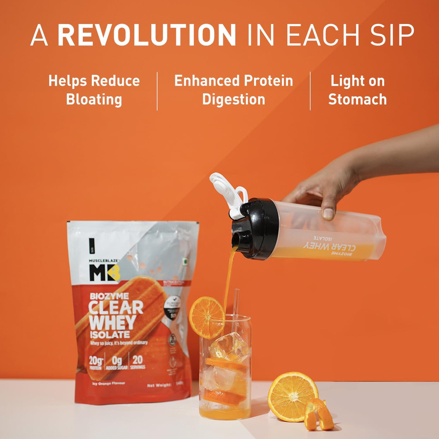 MuscleBlaze MuscleBlaze Biozyme Clear Whey Protein Isolate | 20g Protein, 92 Calories, Zero Added Sugar (Icy Orange Flavour, 20 Servings)