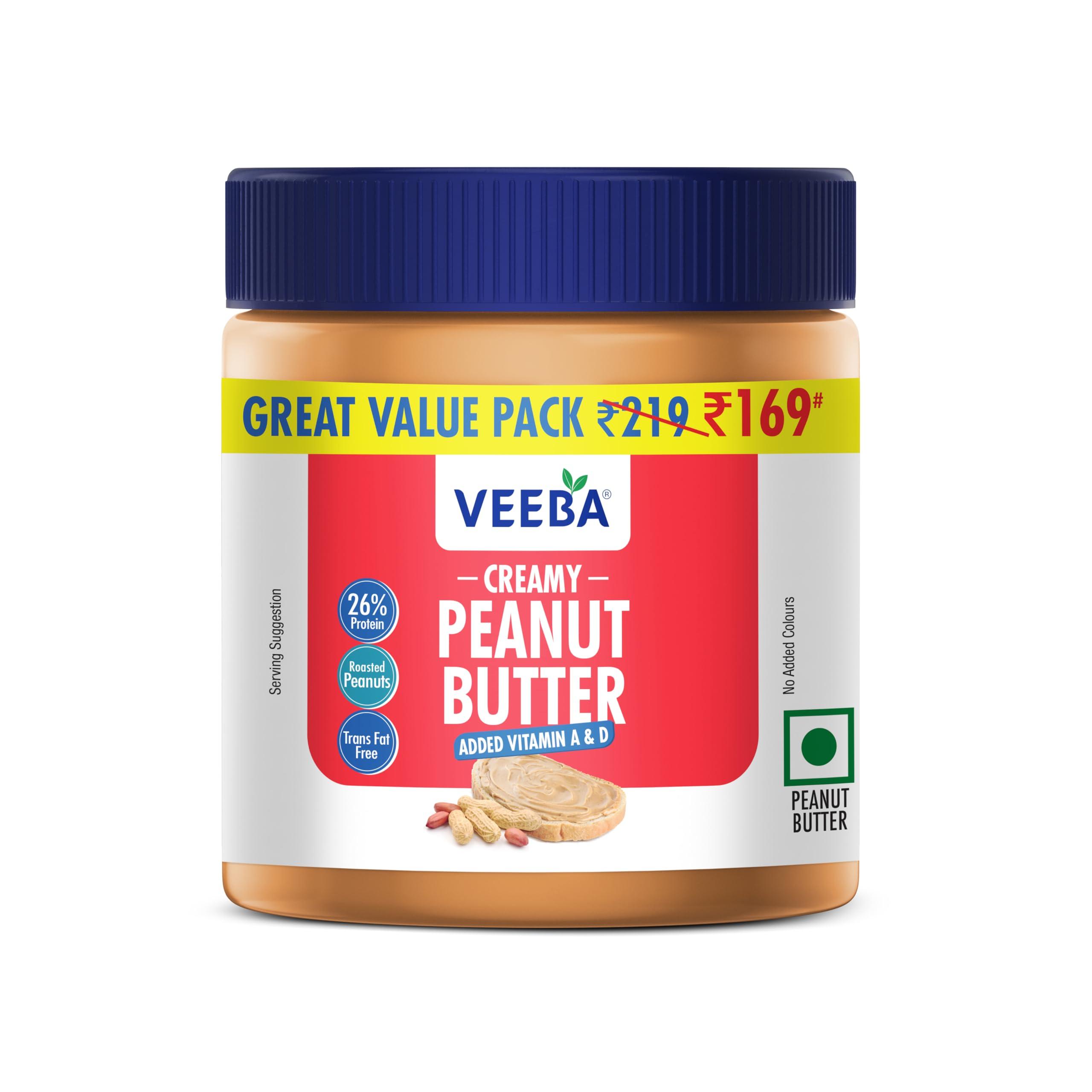 VEEBA Veeba Peanut Butter Creamy | Smooth | High Protein | Naturally Gluten Free | Vegan | Trans Fat Free | No Added Preservatives | Added Calcium, Iron, Vitamin A & D | No Added Colour & Flavour | Non GMO | 340 g