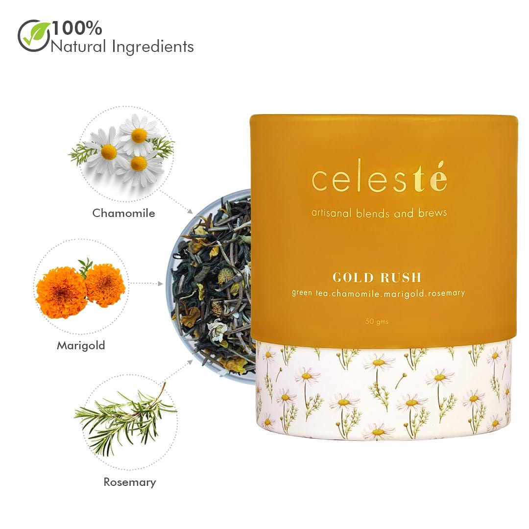 Celeste Celeste Green Tea GOLD RUSH  Premium Whole Leaf, 100% Natural Ingredients Chamomile, Marigold, Rosemary and Green Tea, 50gm - 20 Cups