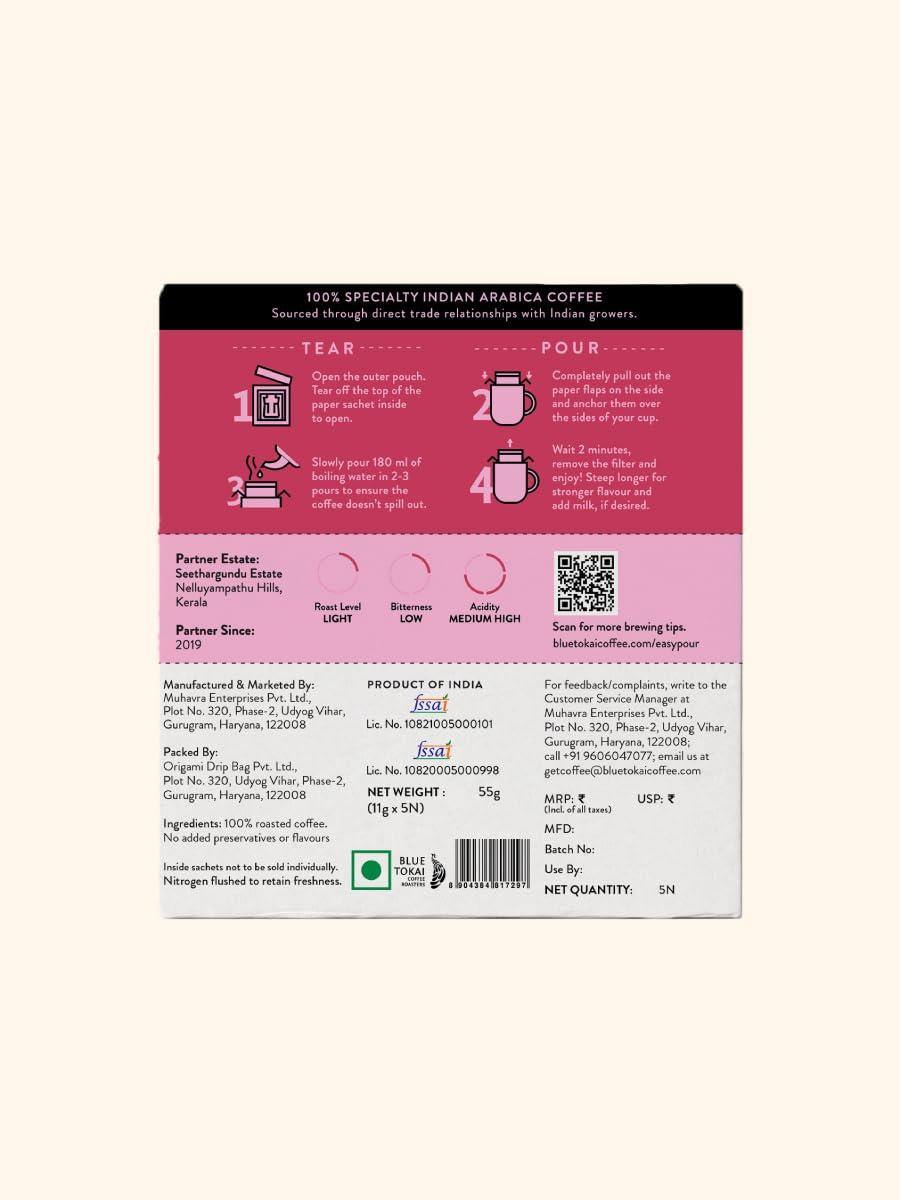 Blue Tokai Coffee Roasters Blue Tokai Coffee Easy Pour Light Roast - Seethargundu Estate | Pack of 5 Sachets | 100% Arabica Specialty Coffee | Ready to Brew in 2min | Just pour hot water