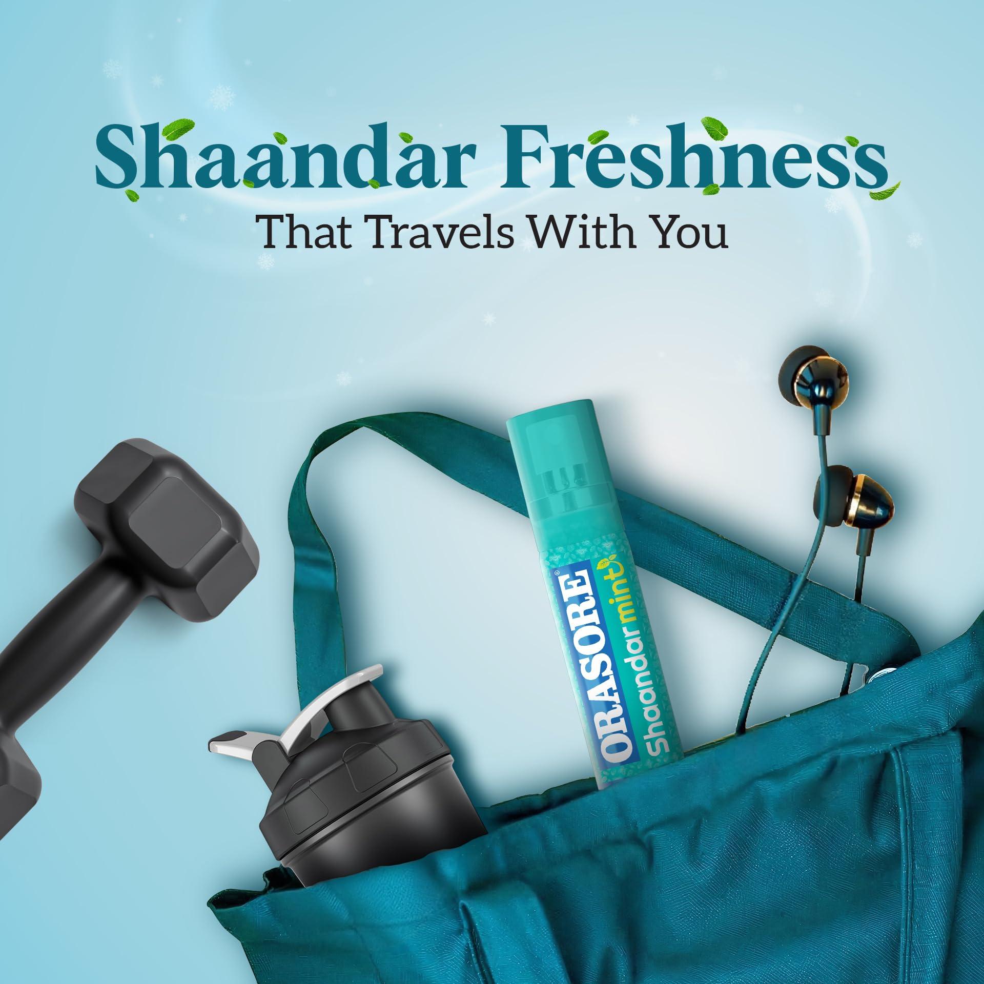 ORASORE Shaandar Mint Instant Mouth Freshener Spray by Orasore | Pudina, Aloe Vera, Peppermint, Cinnamon, Clove & Elaichi | Amazing Cool Breath Freshening with Zero Calories & Anti Bacterial Protection | 15g Pack