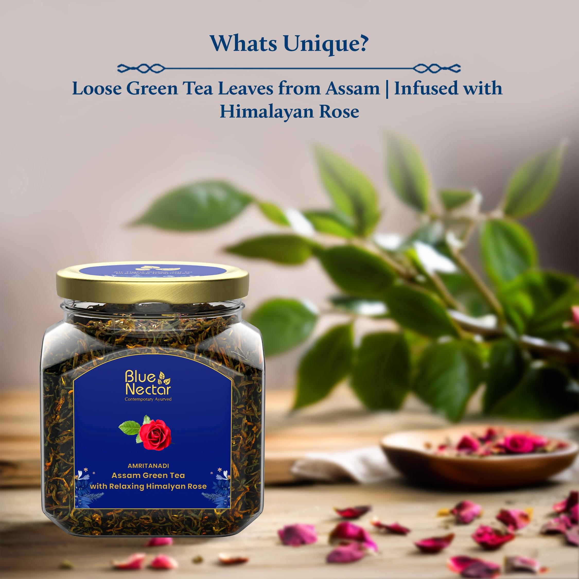 Blue Nectar Blue Nectar Amritanadi Assam Rose Green Tea Leaves with Himalayan Rose (50 g + 15 g FREE| 33 cups). Loose Green Tea Leaves with No Tea Dust. Only Leaf Green Tea