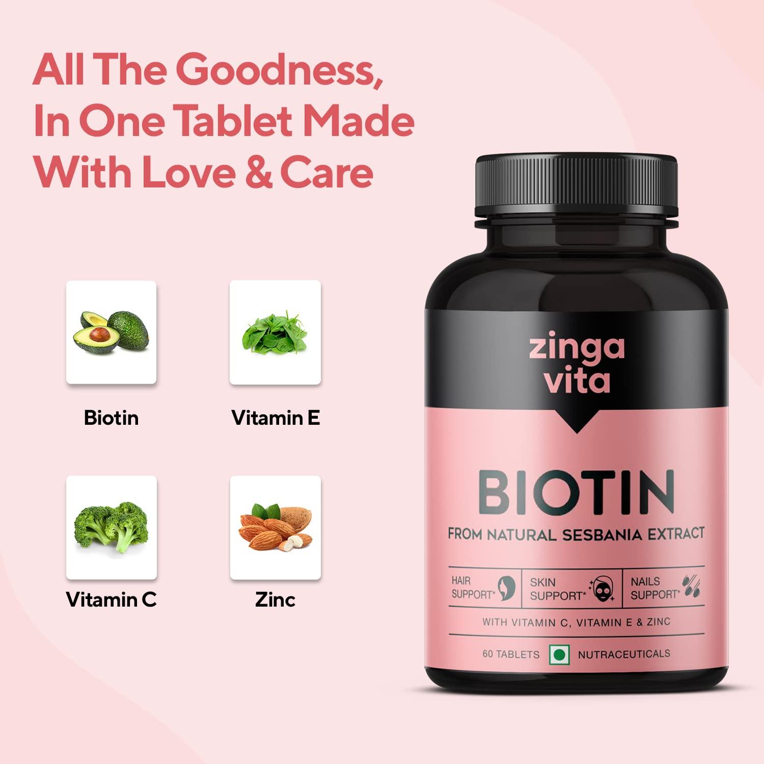 Zingavita Zingavita Advanced Biotin Tablets | Boosts Keratin Production, Reduce Hair Fall and Promote Hair Growth with Natural Sesbania Agati Leaf Extract & Hair Vitamins (Biotin, Vitamin C, Vitamin E & Zinc) for Healthy Hair, Skin & Nails For Both Men & Women