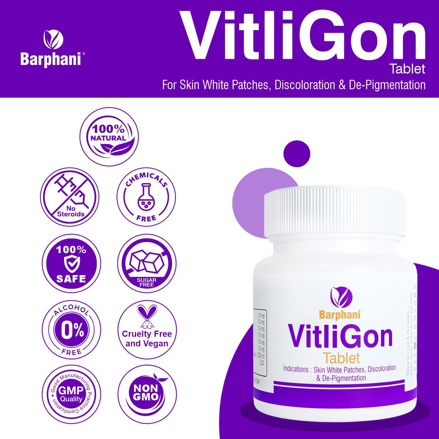 BARPHANI Barphani VitliGon Tablets - Super Effective on Vitiligo White Patches, Discolouration, De-Pigmentation, Faster Results, Helps Restricts Spread- 60 Tab Pack