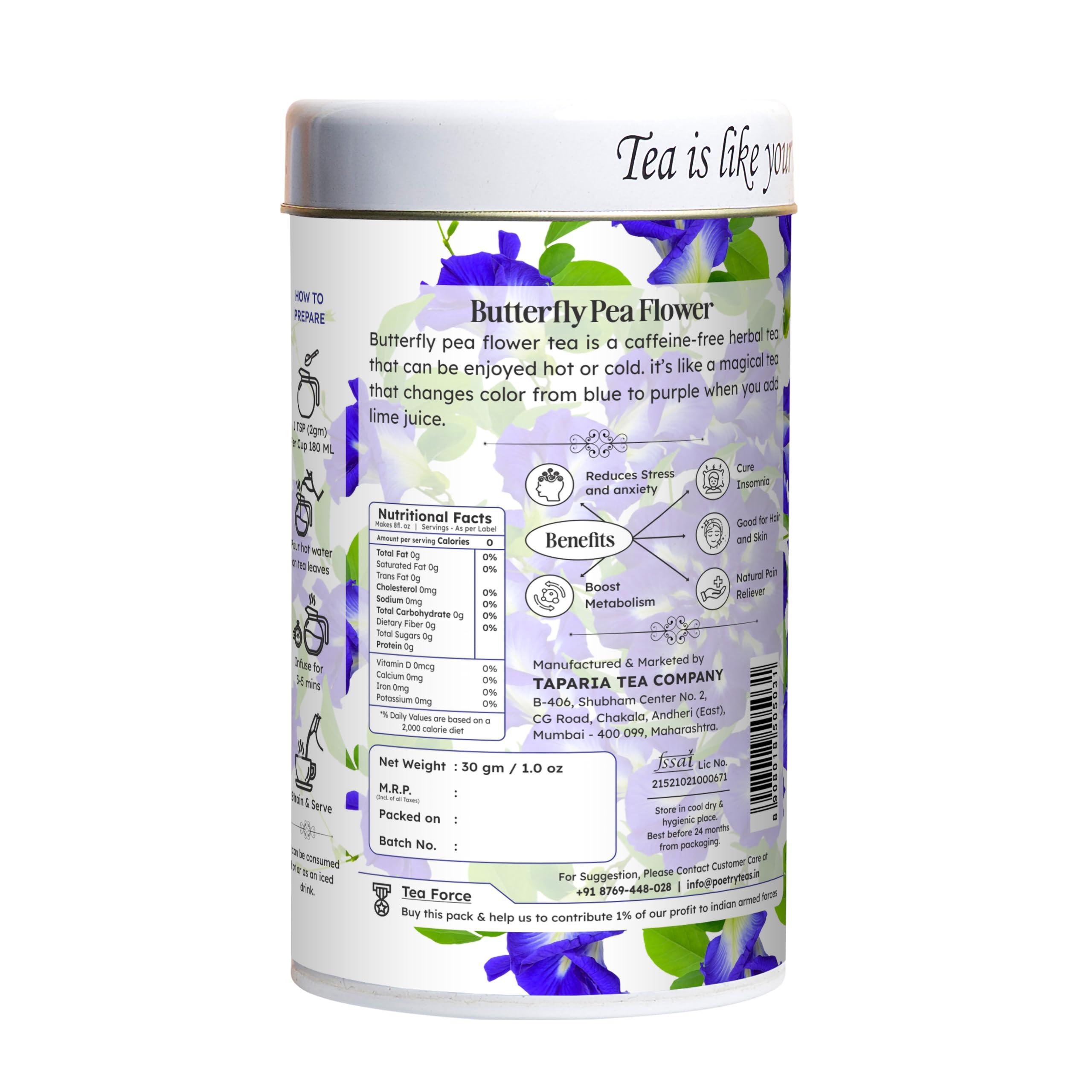 Poetry Poetry Teas Magical Butterfly Pea Flower Tea - Color-Changing Herbal Tea with Lime Juice Infusion - 30 Grams (Pack of 1)