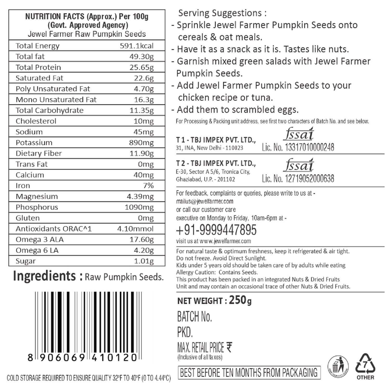 JEWEL FARMER JEWEL FARMER Raw Pumpkin Seeds with No Shell Ready to Eat Pepitas Kernels Enriched in Protein & Dietary Fibre (250g)