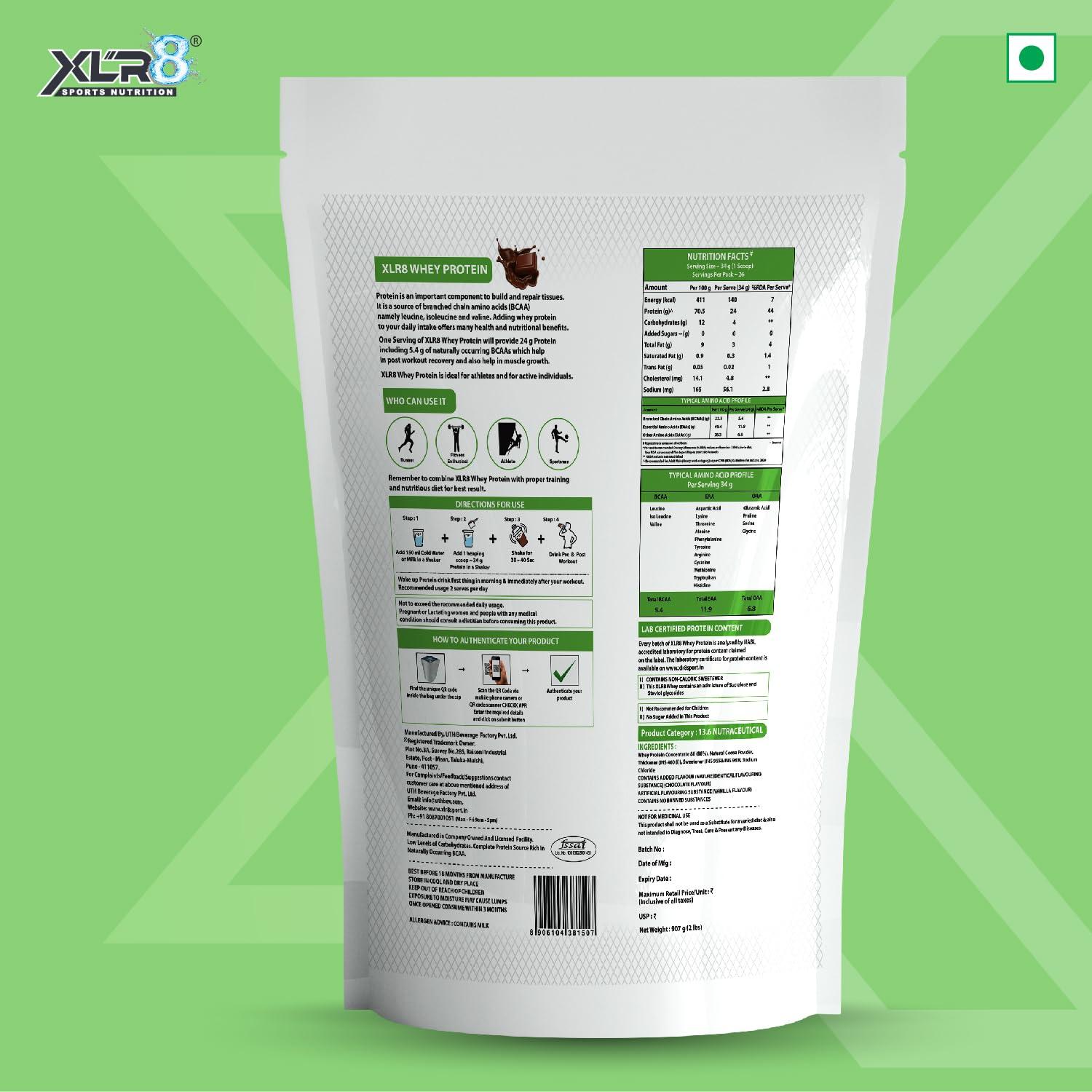 XLR8 XLR8 Whey Protein Powder with 24 g Protein Content & 5.4 g BCAA (907 g, Chocolate)