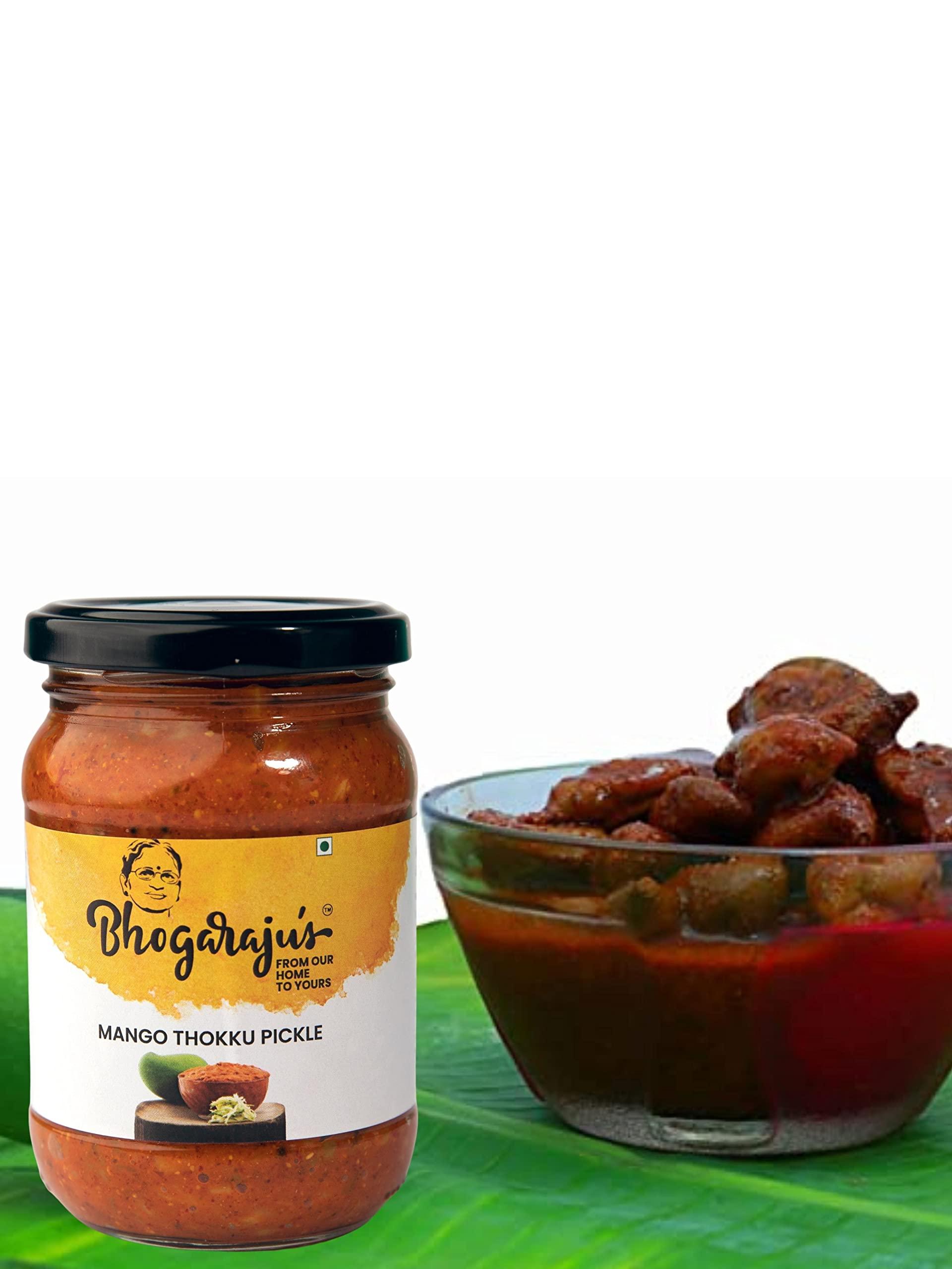 Bhogarajus Bhogarajus Pickle Box Combo Pack 2 in 1 Andra Style Mango Awakai Pickle 300g + South Indian Style Lime Pickle South Indian Taste 300g + 100gm Gift Pack Rasam Masala - Pack of 3