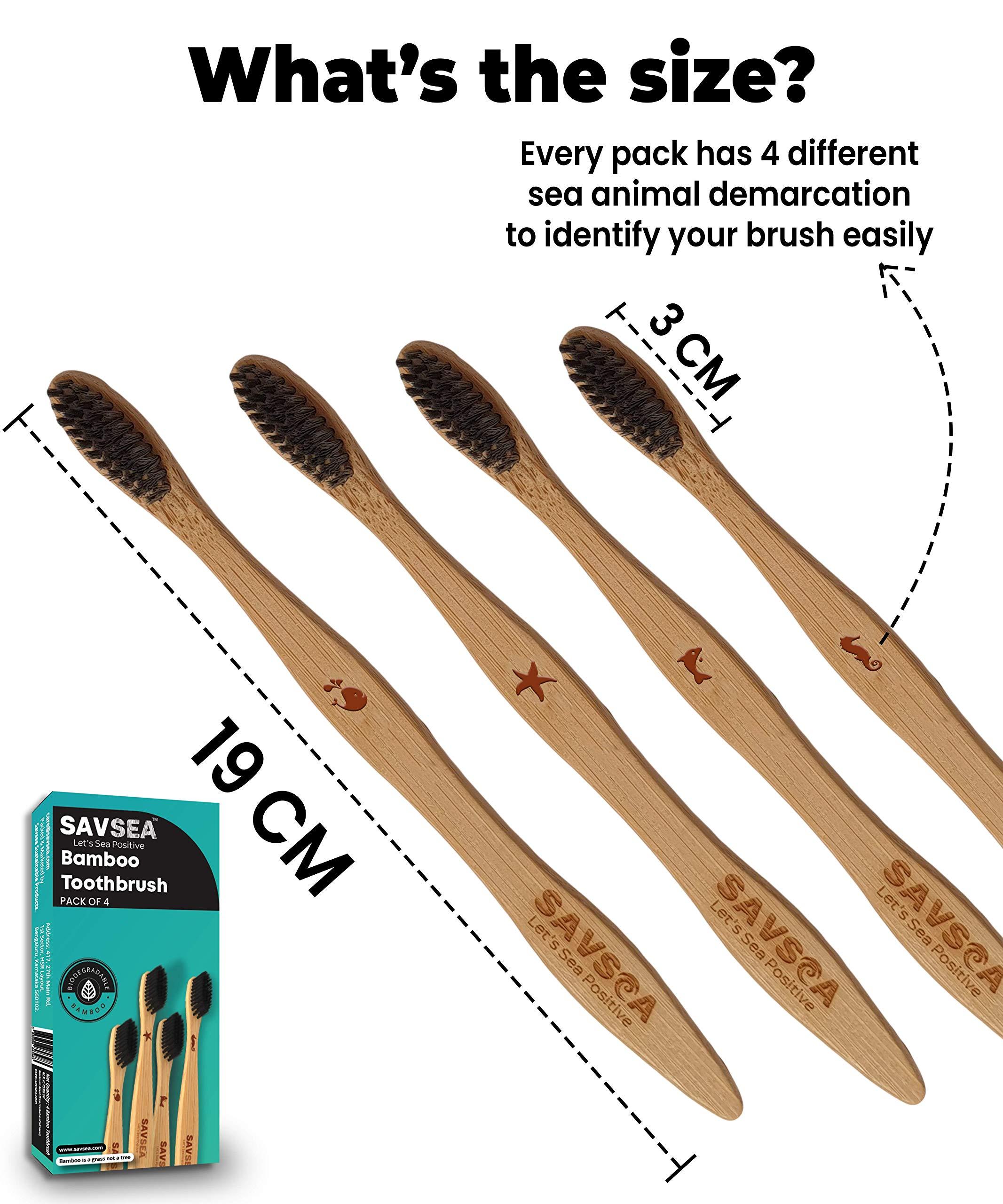 SAVSEA SavSea Bamboo toothbrush for adults | Charcoal bamboo toothbrush soft medium bristles| Pack of 4 adult toothbrush with biodegradable bamboo