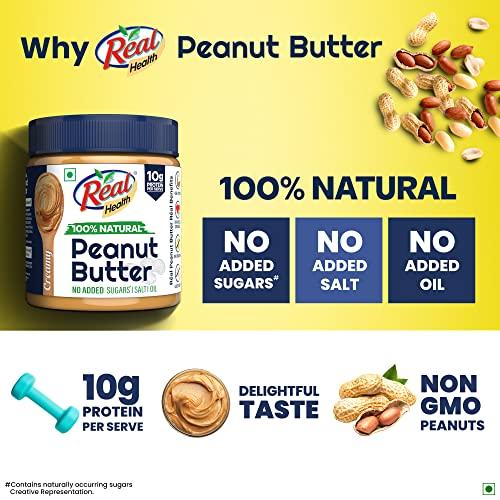 Real Real Health 100% Natural Peanut Butter (Creamy) - 350gm | Unsweetened | High Protein with 10g Protein per serve | For Fitness conscious, gym goers | Zero Trans Fat | Gluten Free | Non-GMO Peanuts