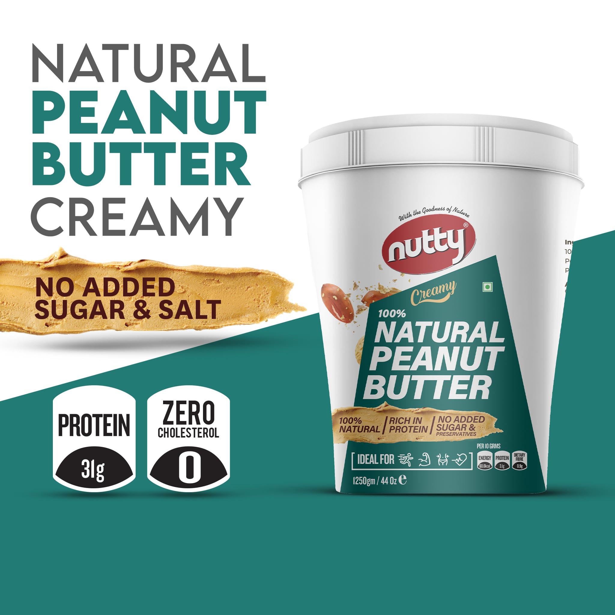 NUTTY NUTTY Natural Peanut Butter Creamy | Made with 100% Roasted Peanuts - 31g Protein, No Added Sugar & Salt, non-GMO, Gluten Free, Vegan Plant Based, Unsweetened Peanut Butter Creamy 1250 g