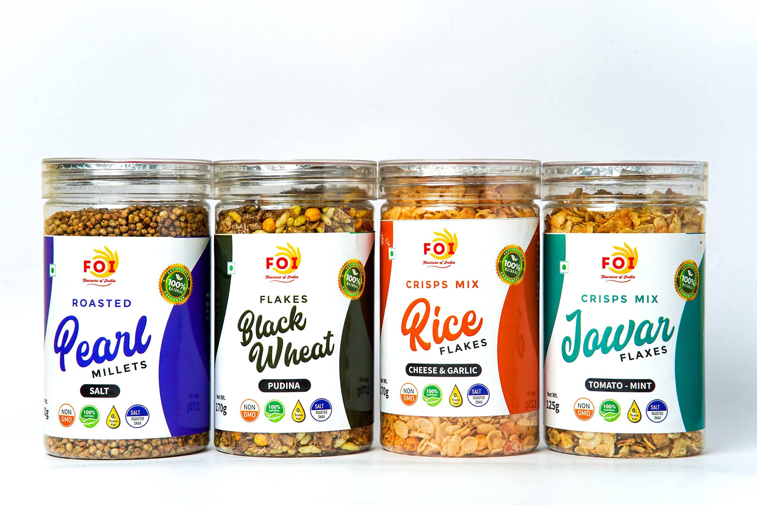 FOI Flavours of India FOI Flavours Of India Roasted & Healthy Snacks Combo Pearl Roasted Millets (220gm), Black Wheat Flakes (170gm), Rice Crisps Mix (170gm), Jowar Crisps Mix (125gm), Tasty Instant Indian Snack