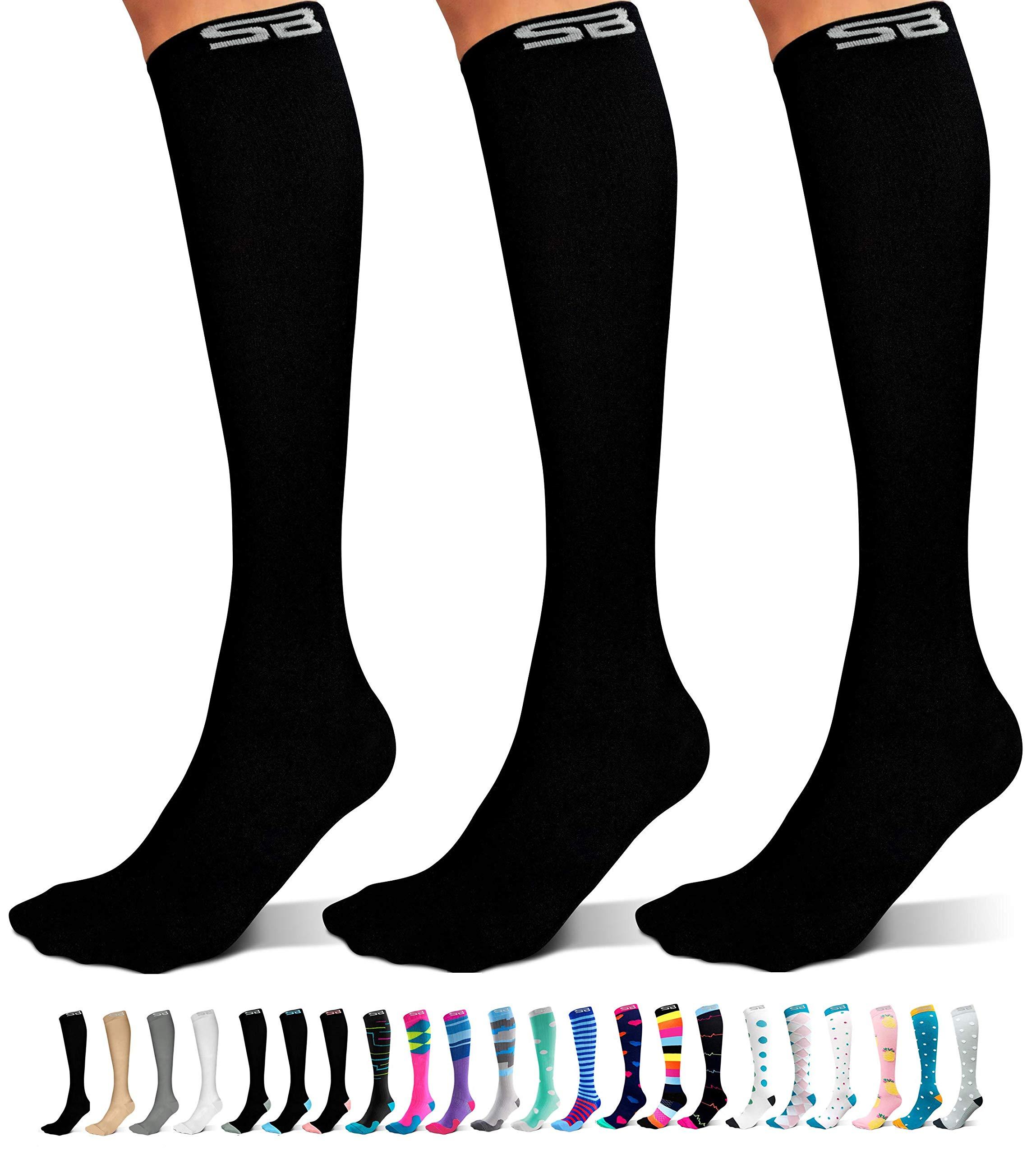 SB SOX SB SOX 3-Pair Compression Socks (15-20mmHg) for Men & Women Comfortable Socks, Easy to Put On  Best Socks for Daily/Any Use, Running, Nurse, Travel (01  Solid Black, Small/Medium)