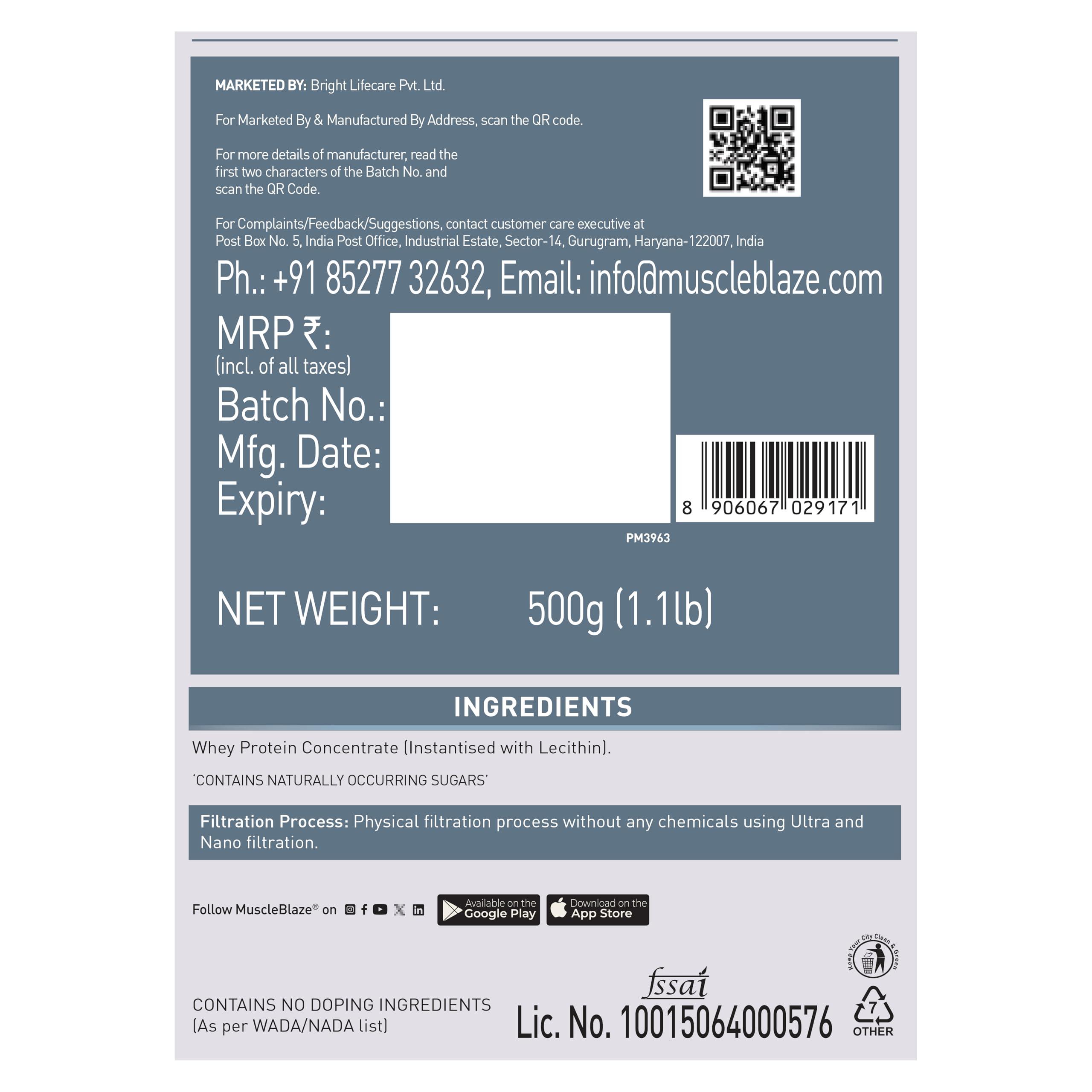 MuscleBlaze MuscleBlaze 100% Clean Raw Whey Protein Concentrate (Unflavoured, 500g) | Easy to Digest with Shaker, 650ml (Combo Pack)