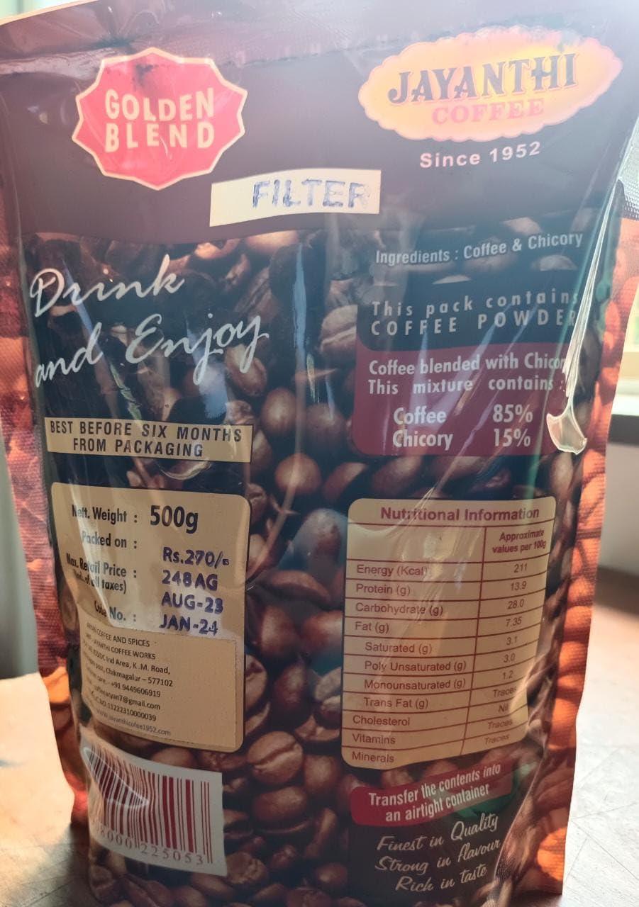 JAYANTHI JAYANTHI Golden Blend, Coffee Contains 15% Chicory, coarse or Filter Grind, 250g x 4, Bag