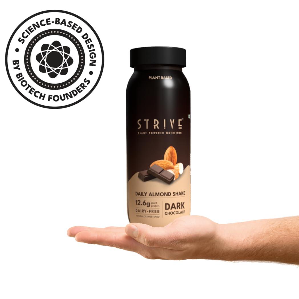 STRIVE Strive Vegan Protein Shake with 12.6g Plant Protein and 25% Calcium, Naturally Sweetend, Low Calorie Drink, Gluten & Trans Fat Free, Gut Friendly, Source of Fiber, Pack of 12 x 200ml (Dark Chocolate Almond)