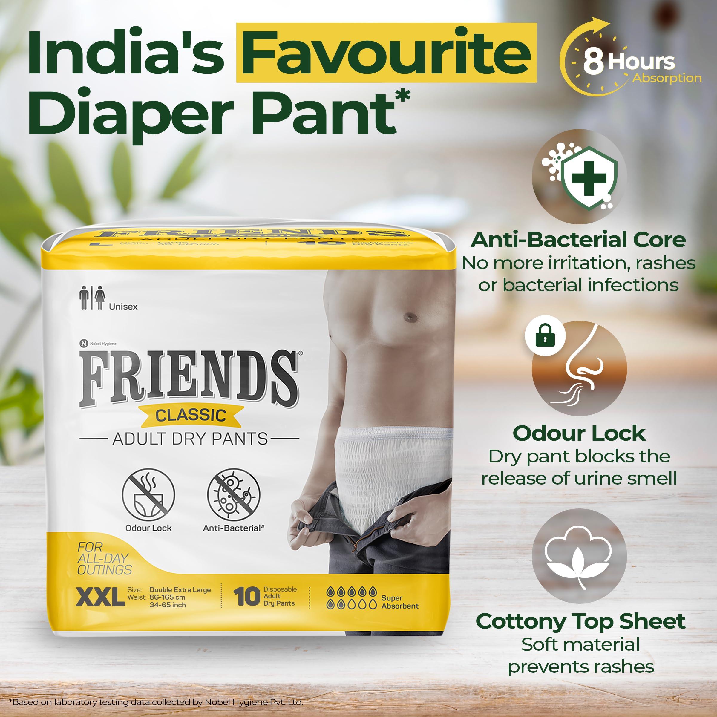 Friends Friends Classic Adult Diapers Pants Style -80 Count (Double Extra Large) with odour lock and Anti-Bacterial Absorbent Core