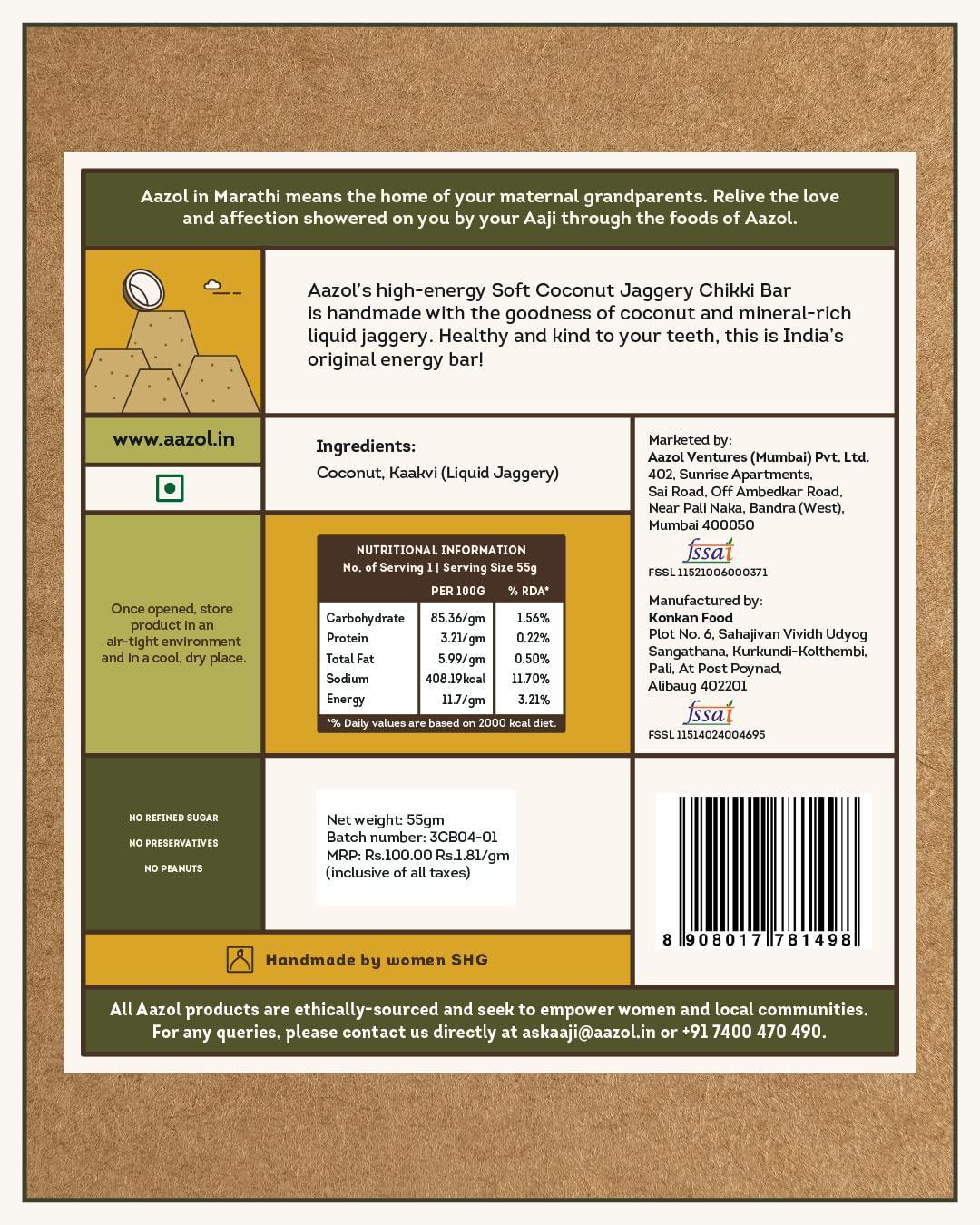 AAZOL Aazol Soft Coconut Jaggery Chikki Bar (Pack of 9) | High-energy Snacks Bar | Contains Nutritious Coconut and Mineral-rich Liquid Jaggery | Soft Crumbly Texture | No Refined Sugar or Preservatives