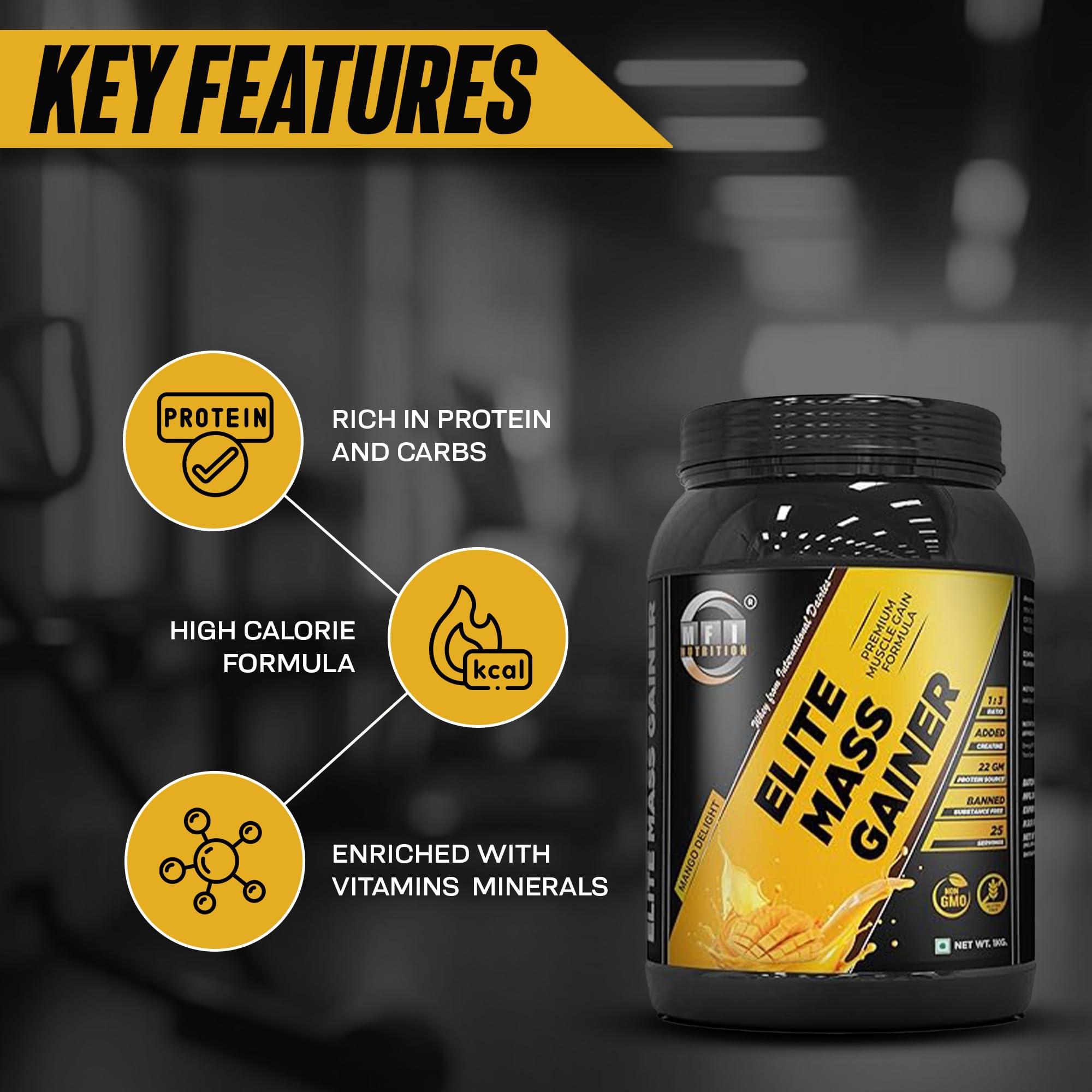 MFI NUTRITION MFI NUTRITION Elite Mass Gainer | 25 Servings | Ratio 1:3 Carbs to Protein | 22g Protein per Serving | Banned Substance Free | Ideal for Muscle Gain | Supports Recovery (1 KG, Mango Delight)
