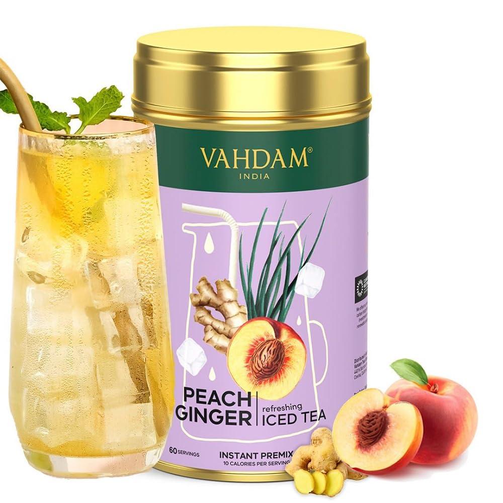 VAHDAM Peach Ginger Iced Tea Instant Premix (150g/5.29oz) 60 Servings | Lightly Sweetened Iced Tea | Fruity Peach & Zingy Ginger | Best for Mocktails & Cocktails | Packed in Tin Caddy | VAHDAM