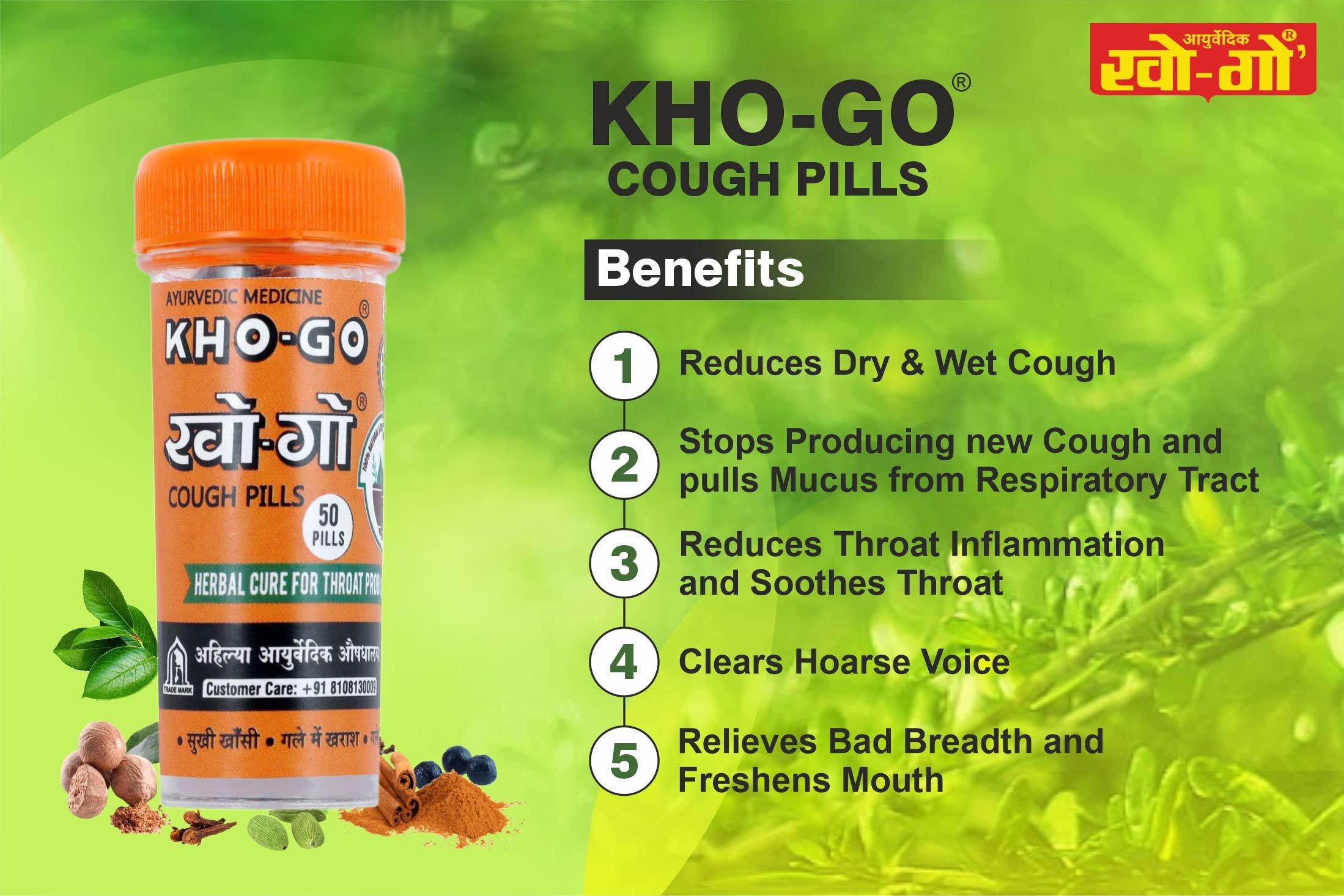 KHO-GO Khogo Pills For Cough & Sore Throat, Ayurvedic Tablets For Seasonal Cough & Bad Breath, 50 Pills in each Btl, 50 Tab, Pack Of 4