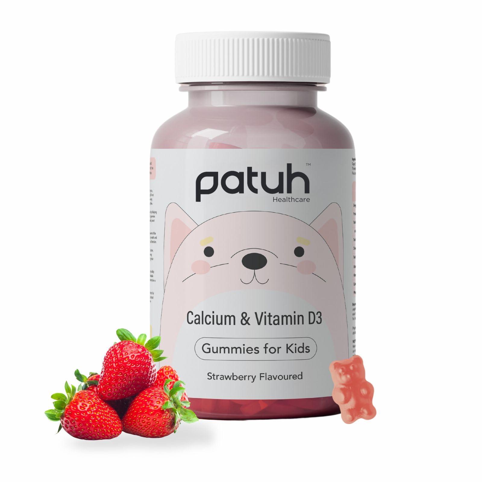 PATUH HEALTHCARE Patuh Healthcare Calcium and Vitamin D3 Gummies for kids (4 years+) | 30 Day Pack | Calcium and D3 Gummies for Kids | 100% Vegetarian, Natural Strawberry flavour