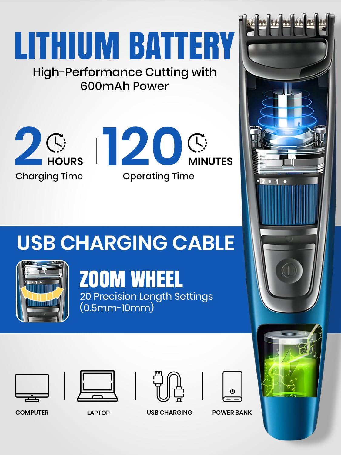 VGR VGR V-052 Professional Hair Trimmer for men  Adjustable Length Settings (0.5-10mm), USB Rechargeable, Cord/Cordless Operation, Washable Head, Includes Guide Comb & Cleaning Accessories (Blue)