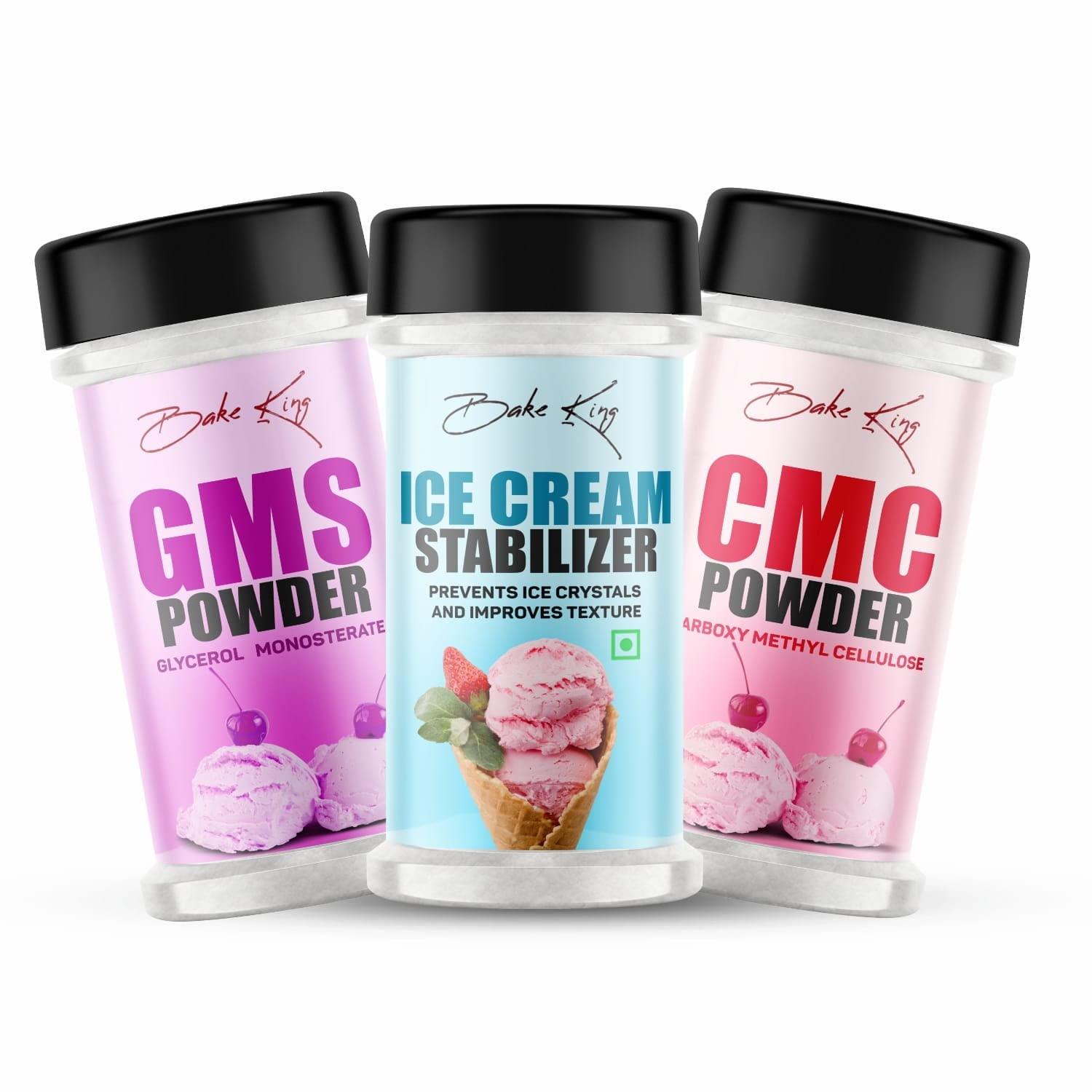 BAKE KING BAKE KING Pack Of 3 Ice Cream Stabilizer 50Gm,Gms Powder (Glycerol Monostearate) 50Gm & Cmc Powder (Carboxymethyl Cellulose) 50Gm|Raising Ingredient Powder|Instant Ice Creams That Improves Texture