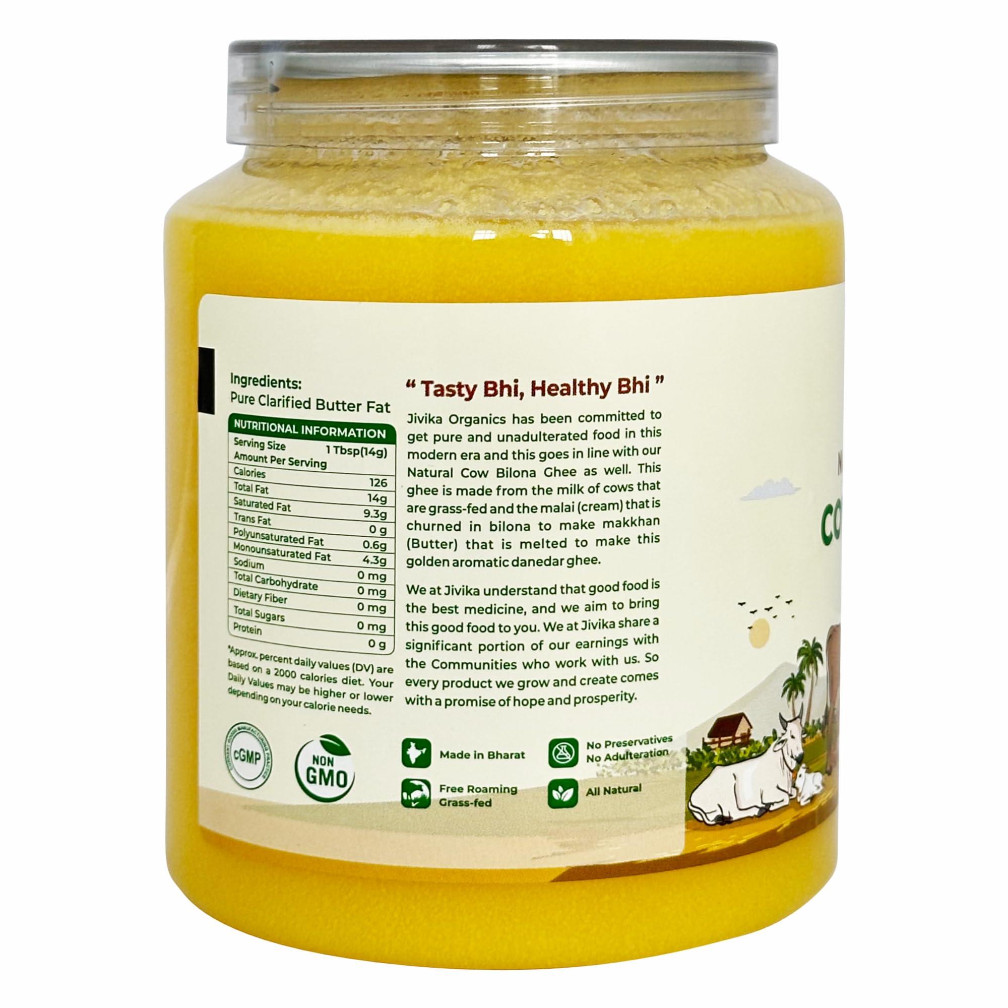 JIVIKA NATURALS Jivika Pure Natural Bilona Cow Ghee | Hand Churned Grass Fed Cows | 100% Pure and Natural | Desi Ghee | Highly Nutritious | Helps Keep Your Heart Healthy | Boost Immunity & Energy | Lab Tested | 1 Litre Pet Jar
