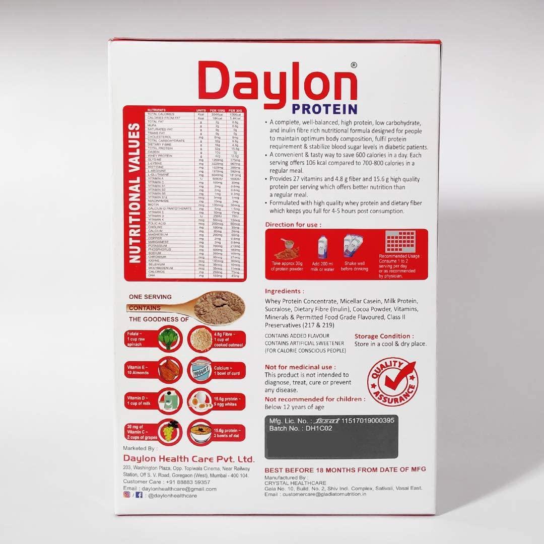 DAYLON HEALTH CARE DAYLON HEALTH CARE Diabetic Care Protein Powder Sugar Free|15.6G Protein Per 30G Of Serving,Provides 27 Vitamins&4.8G Fiber|Best Whey Protein Powder For Diabetic Patients 500Gm (Chocolate Flavour)