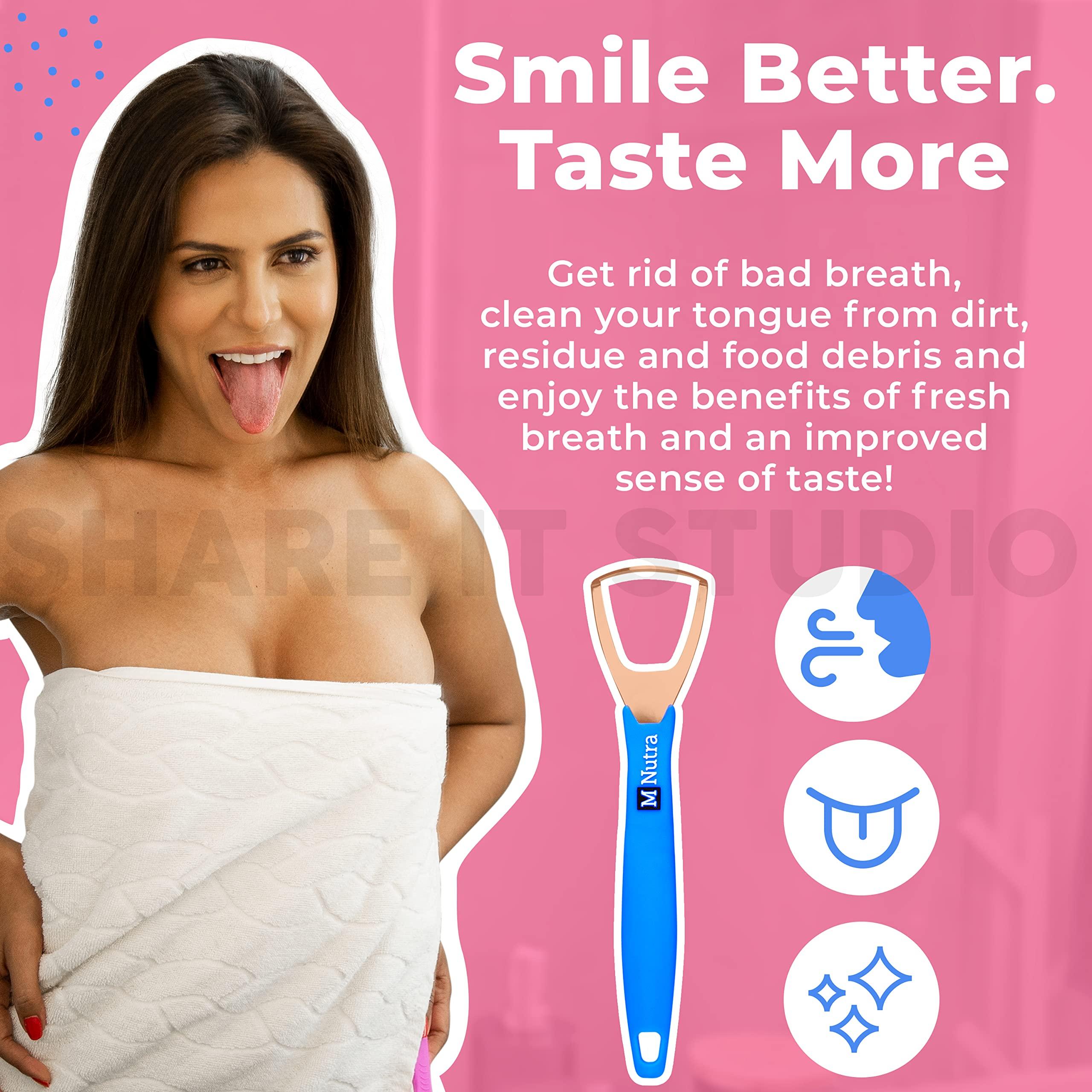 M Nutra Tongue Scraper - Dental Hygiene Tool, Stainless Steel - Copper Mouth Cleaner Non-Slip Silicone Handle - Helps Fight Bad Breath - Professional Oral Care Accessories 2-Pack (Blue Copper 1 Piece)