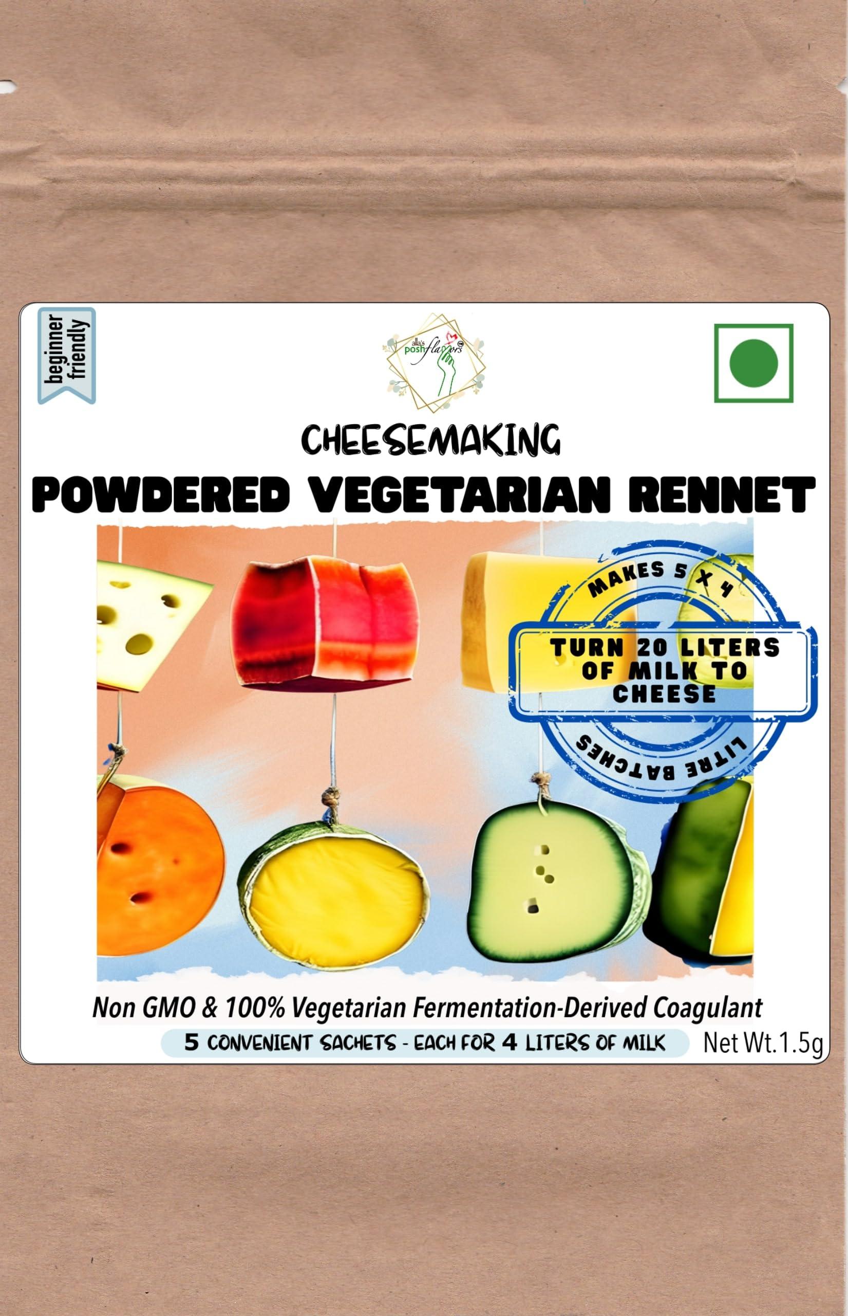 Alla's Posh Flavors Alla's Posh Flavors Powdered Vegetarian Rennet | 5 Convenient Sachets | Non-GMO | Gluten-Free | 100% Veg | Make Cheese Easily at Home (20 litres Milk)